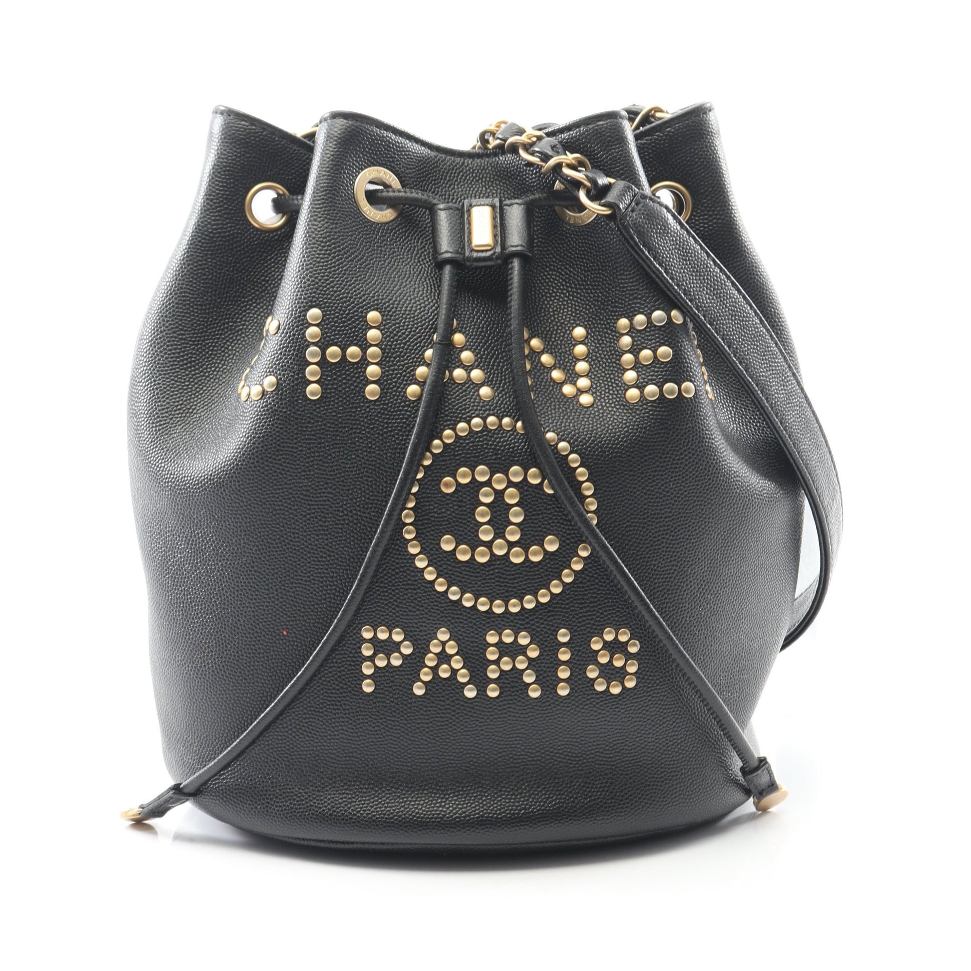 ドーヴィル 巾着 チェーンショルダーバッグ キャビアスキン ブラック ゴールド金具 シャネル バッグ CHANEL