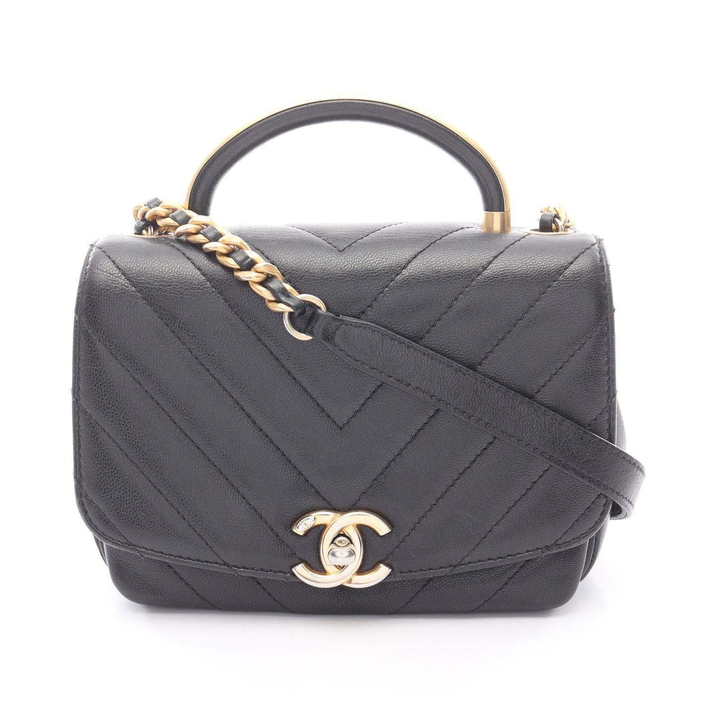 シェブロン Vステッチ トップハンドル チェーンショルダーバッグ レザー ブラック ゴールド金具 2WAY シャネル バッグ CHANEL