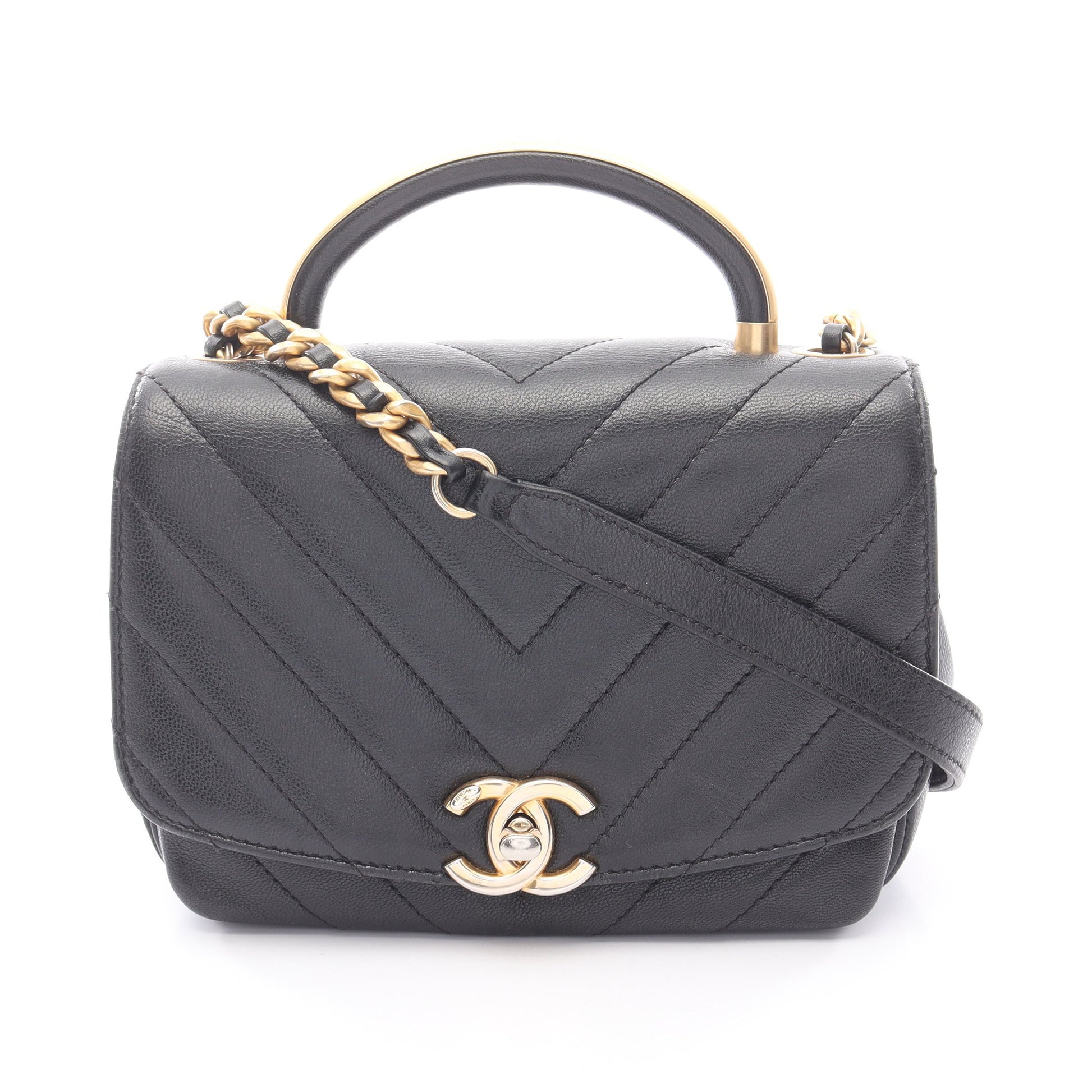 シェブロン Vステッチ トップハンドル チェーンショルダーバッグ レザー ブラック ゴールド金具 2WAY シャネル バッグ CHANEL