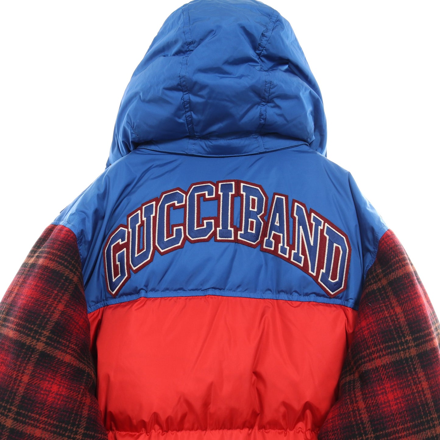GUCCI WORLDWIDE ダウンコート チェック ナイロン ウール ブルー レッド 切替 グッチ アウター GUCCI