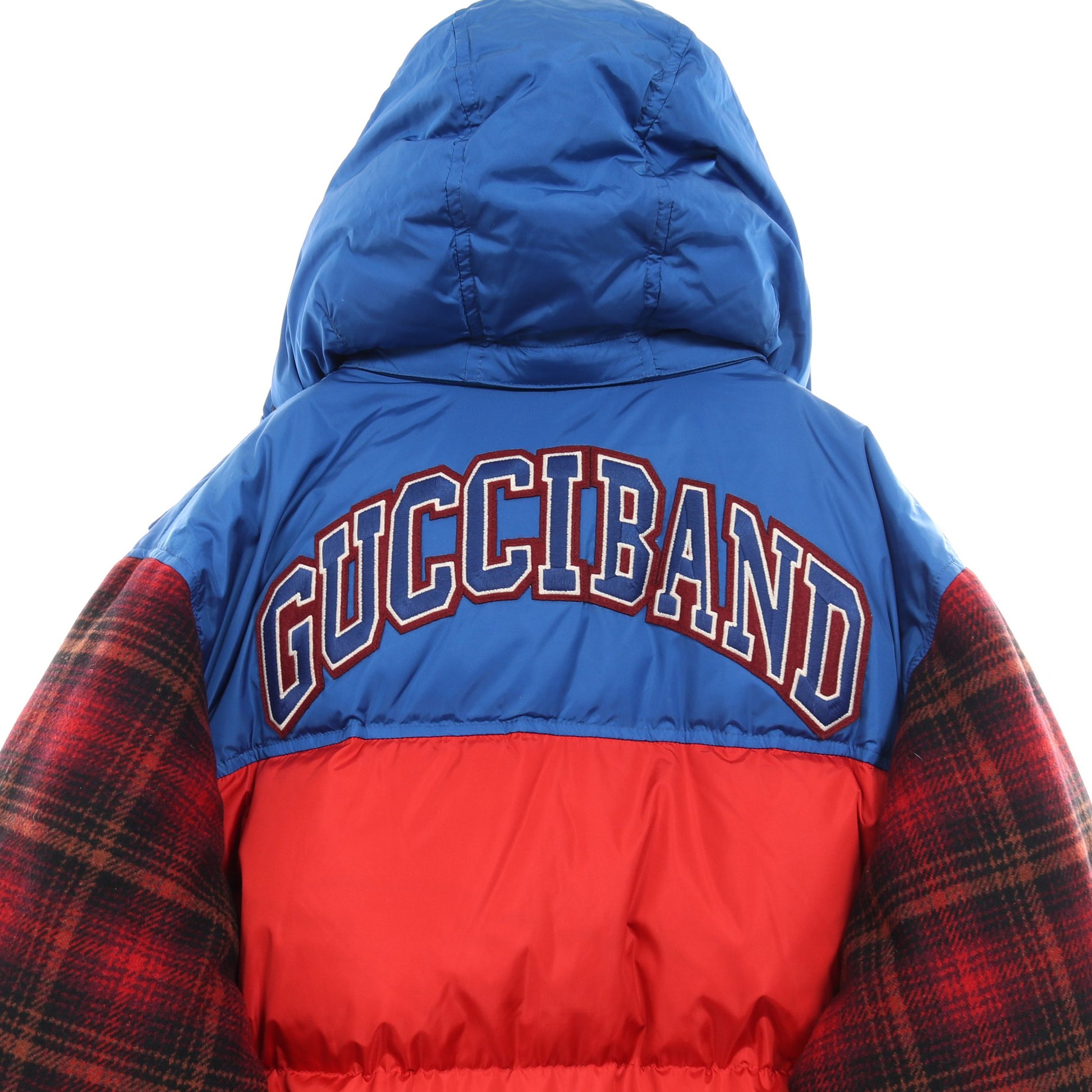 GUCCI WORLDWIDE ダウンコート チェック ナイロン ウール ブルー レッド 切替 グッチ アウター GUCCI