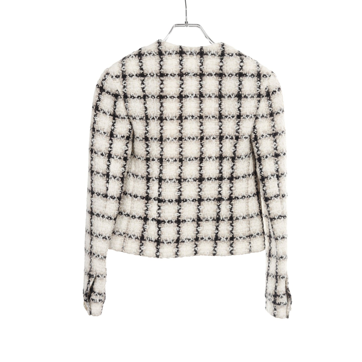 ツイード ノーカラージャケット ウール オフホワイト ブラック シャネル アウター CHANEL