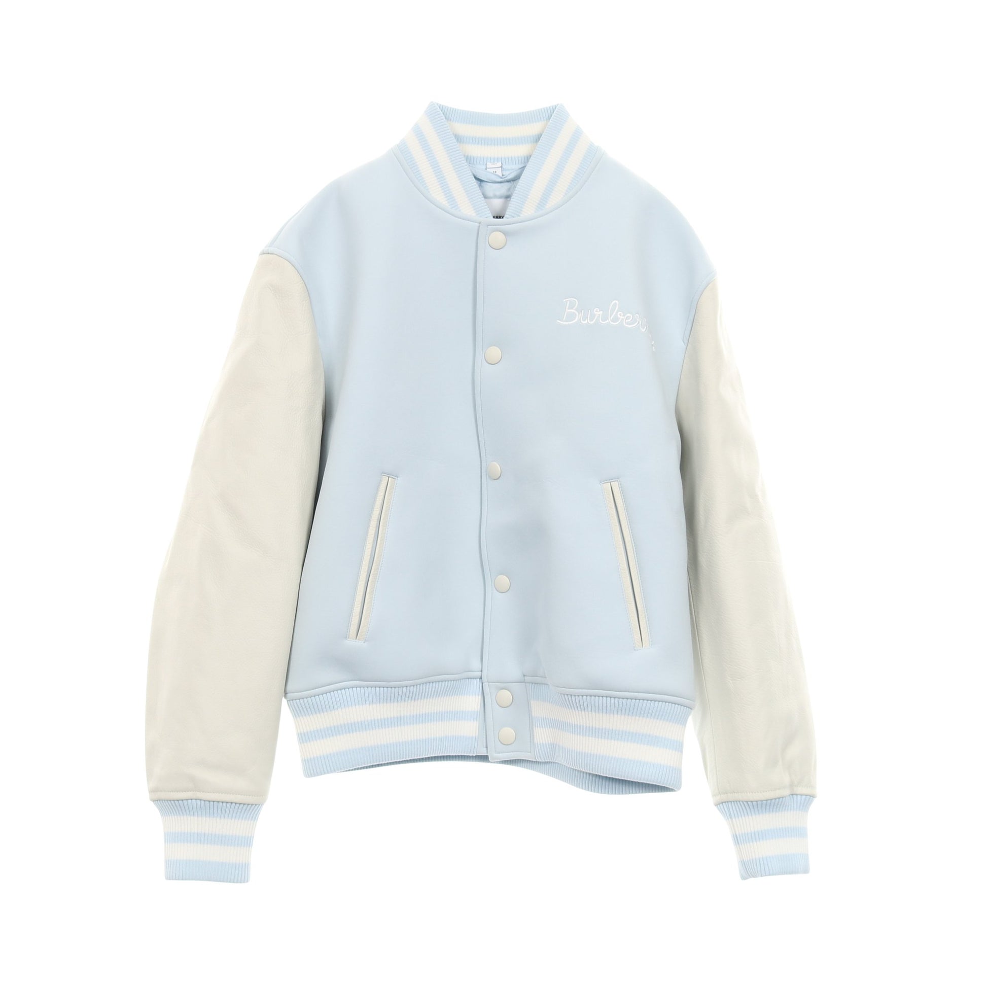 ボンバージャケット ロゴ刺繍 ナイロン レザー ライトブルー ホワイト 切替 バーバリー – RECLO BURBERRY ナイロンジャケット ホワイト