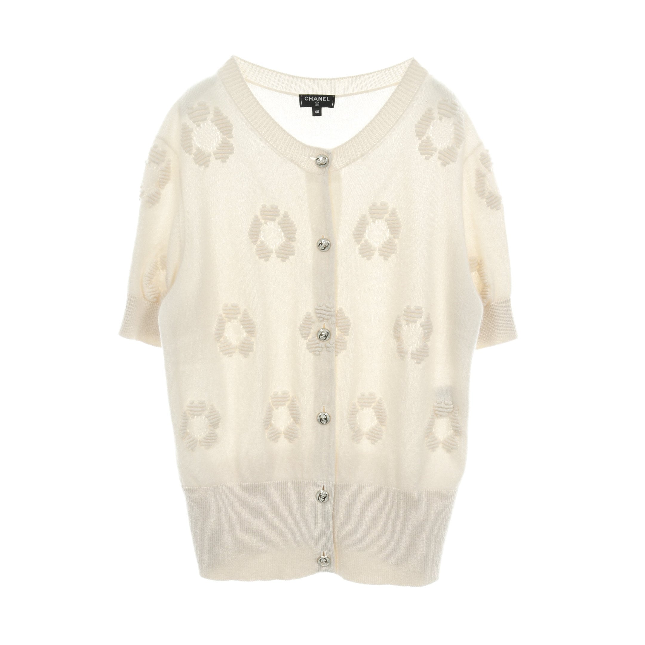 カメリアジャガード カーディガン クルーネック 半袖 カシミヤ アイボリー シャネル – RECLO
