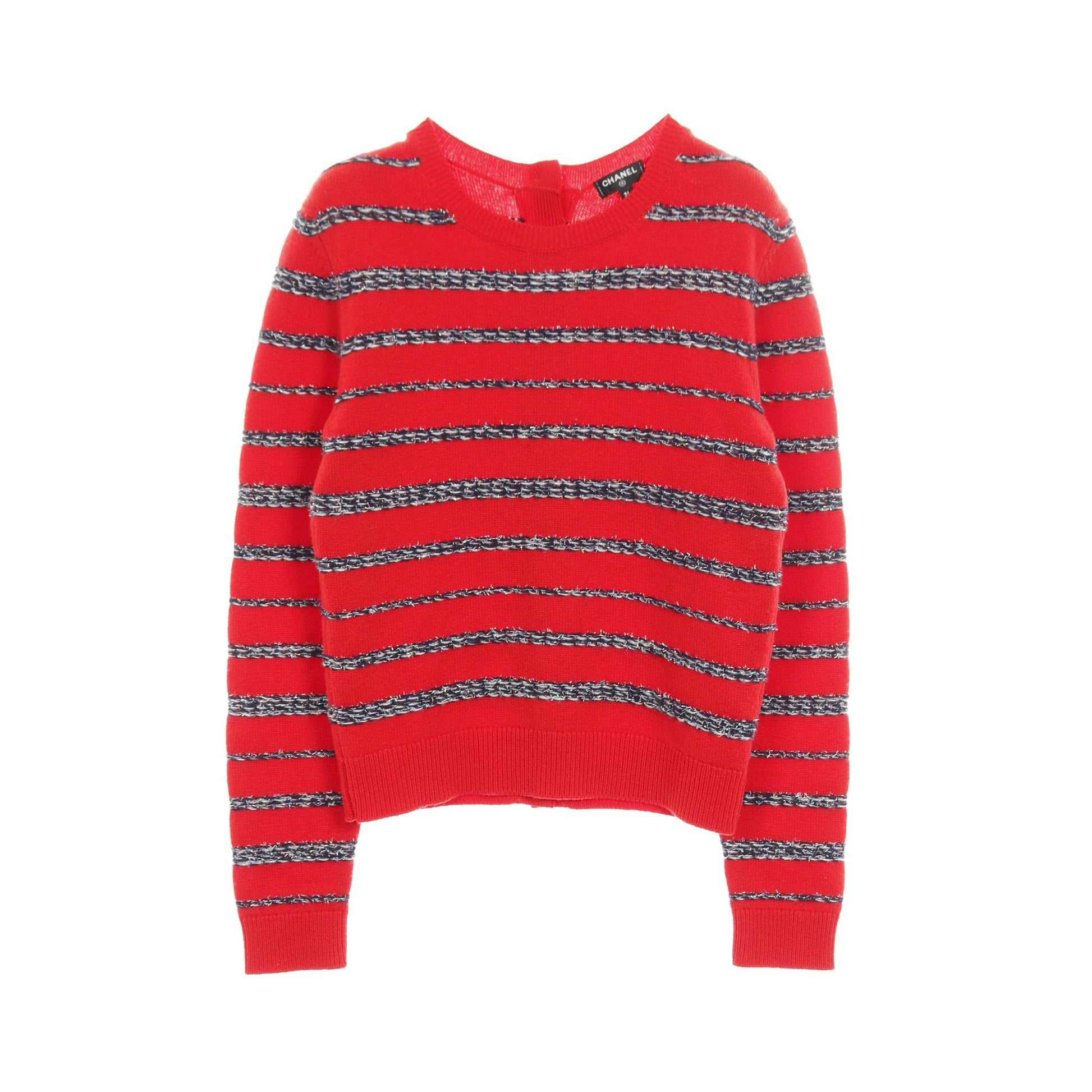 バックボタン ニット ボーダー カシミヤ レッド ブラック マルチカラー シャネル トップス CHANEL