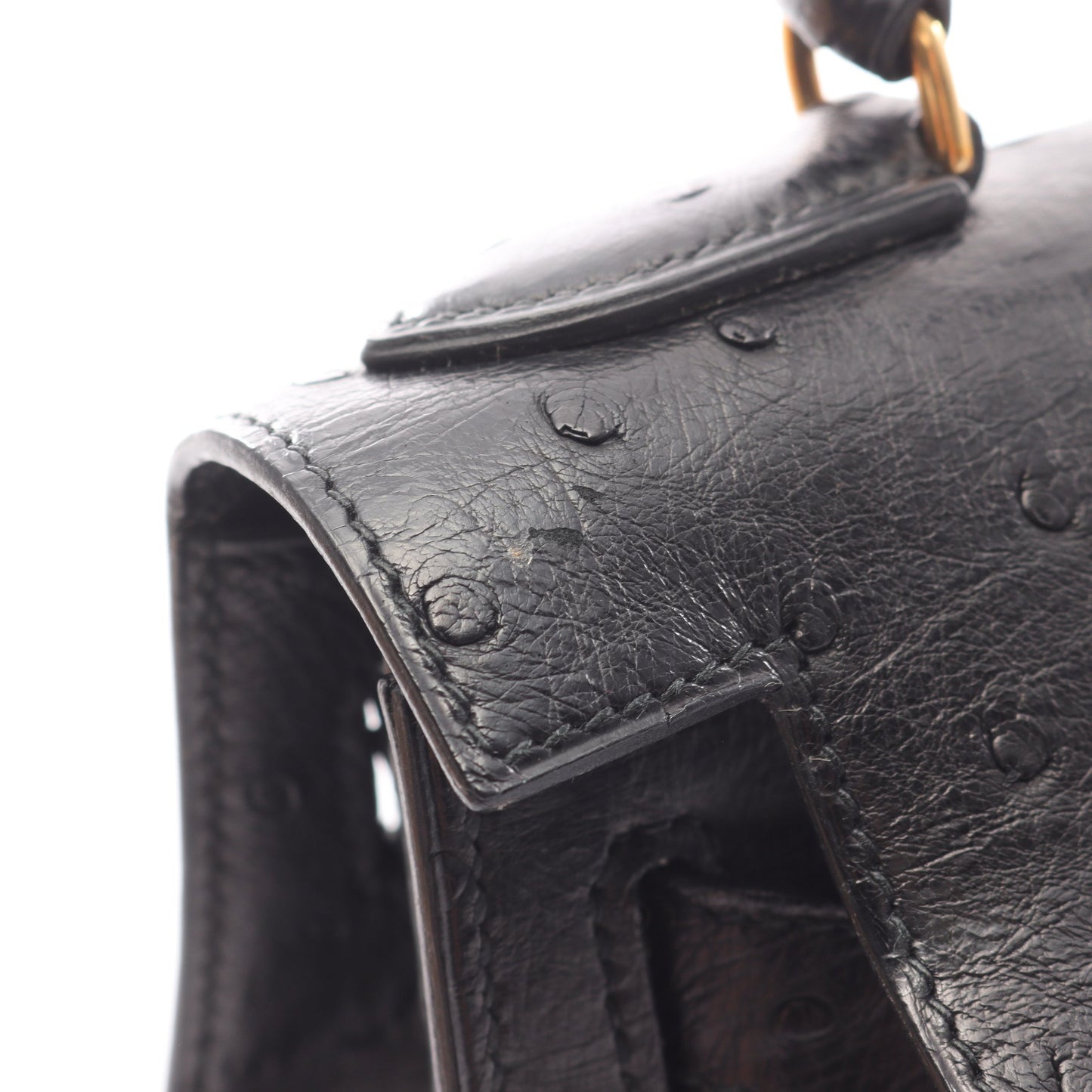 ケリー28 ハンドバッグ オーストリッチ ブラック ゴールド金具 外縫い ○S刻印 エルメス バッグ HERMES