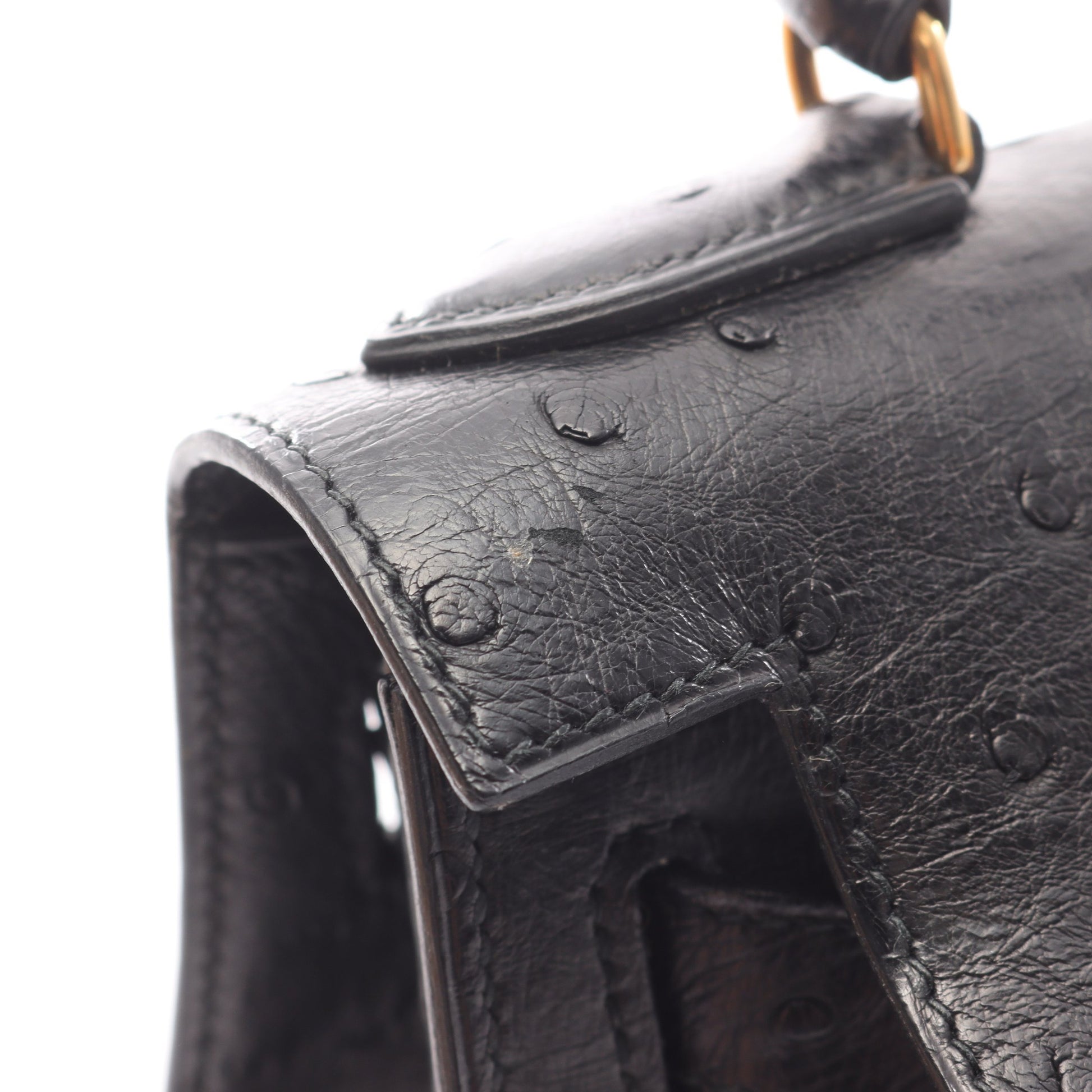 ケリー28 ハンドバッグ オーストリッチ ブラック ゴールド金具 外縫い ○S刻印 エルメス バッグ HERMES