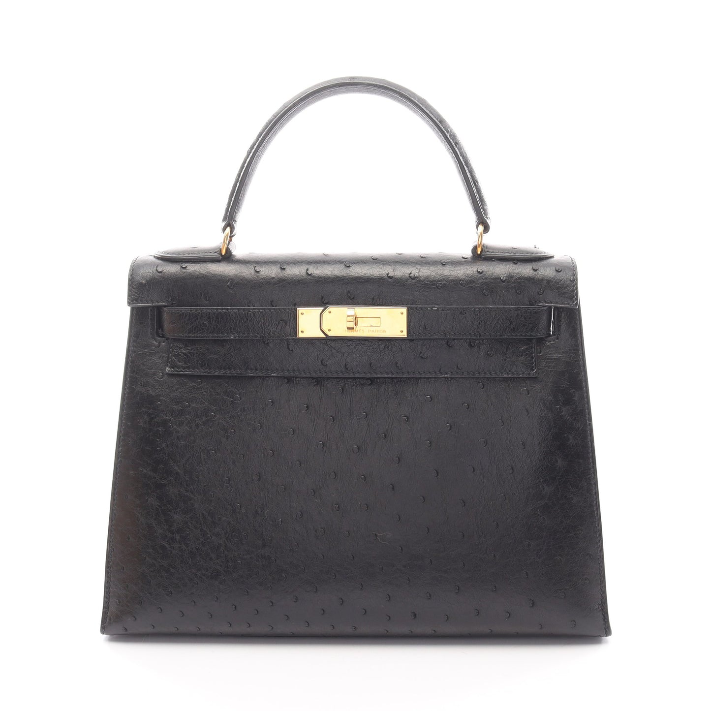 ケリー28 ハンドバッグ オーストリッチ ブラック ゴールド金具 外縫い ○S刻印 エルメス バッグ HERMES