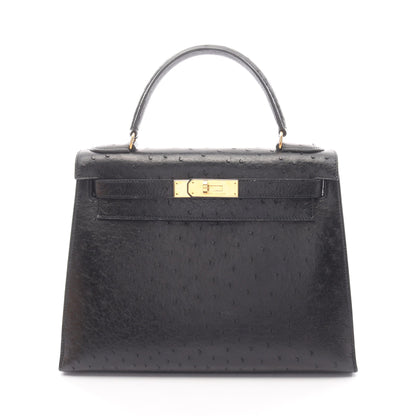ケリー28 ハンドバッグ オーストリッチ ブラック ゴールド金具 外縫い ○S刻印 エルメス バッグ HERMES