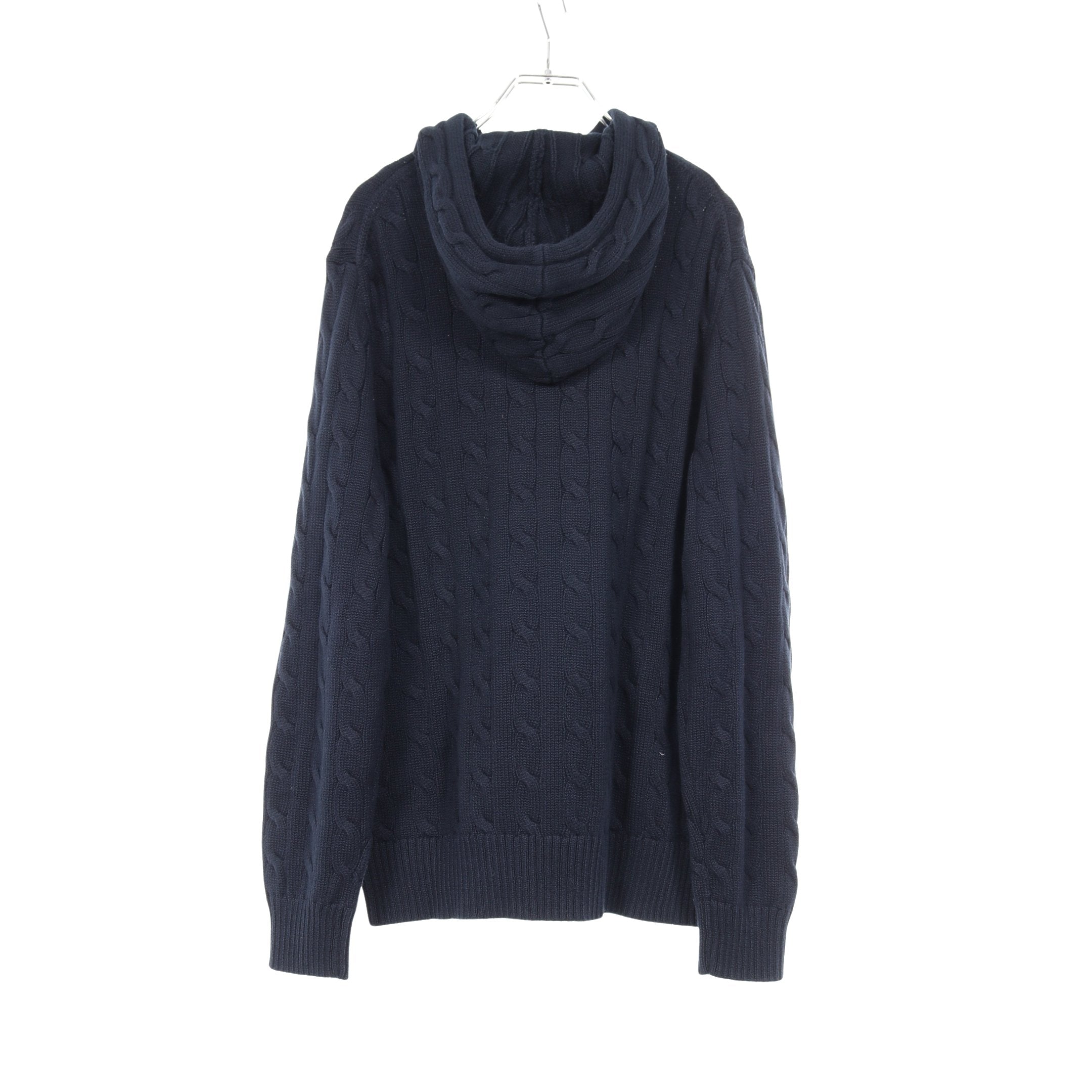 ケーブル ニット プルオーバーパーカー ロゴ 刺繍 コットン ネイビー