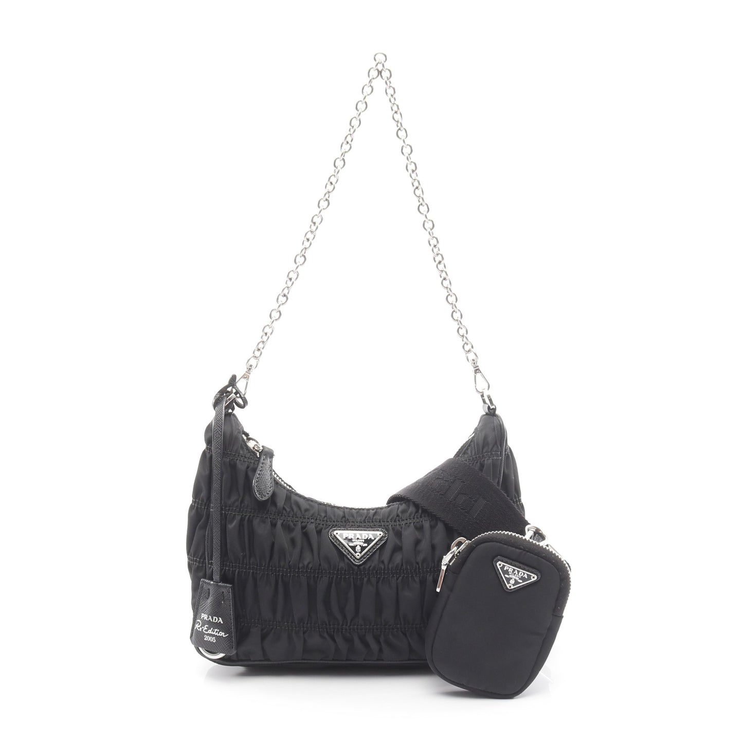 Re-Edition 2005 チェーンショルダーバッグ ギャザー ナイロン レザー ブラック 2WAY プラダ バッグ PRADA