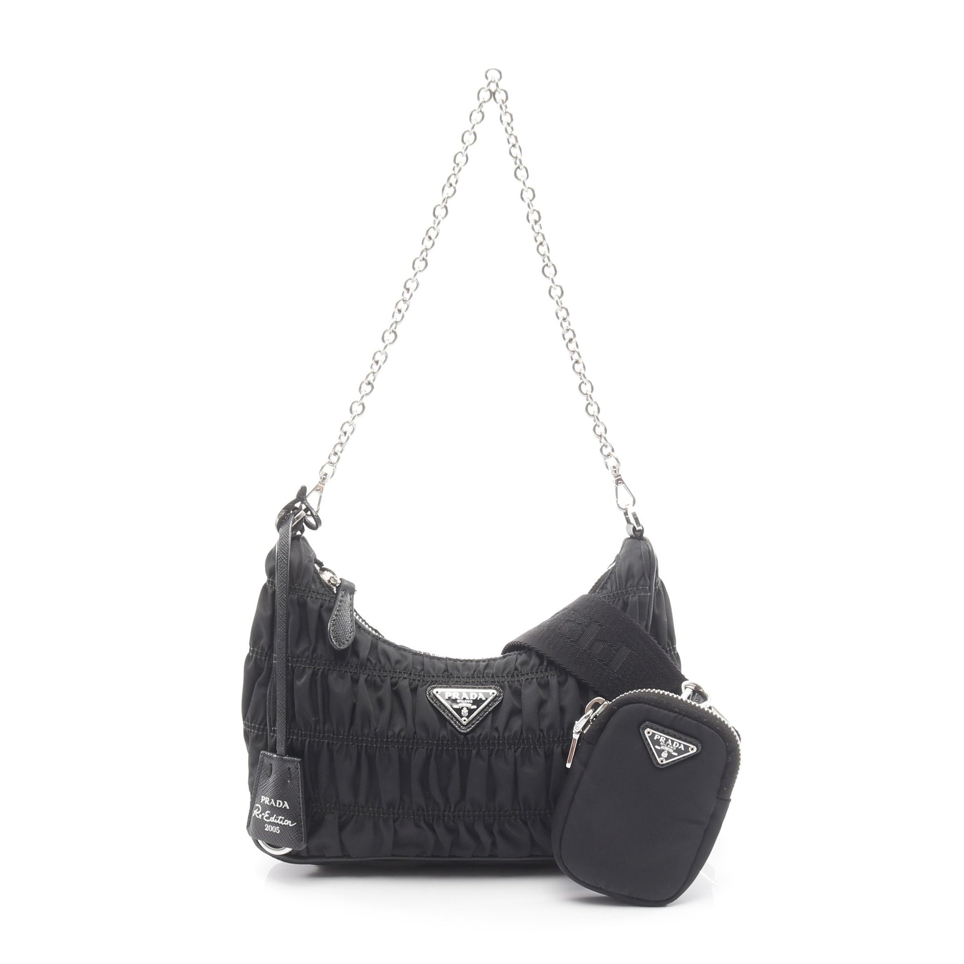 Re-Edition 2005 チェーンショルダーバッグ ギャザー ナイロン レザー ブラック 2WAY プラダ バッグ PRADA