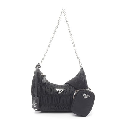 Re-Edition 2005 チェーンショルダーバッグ ギャザー ナイロン レザー ブラック 2WAY プラダ バッグ PRADA