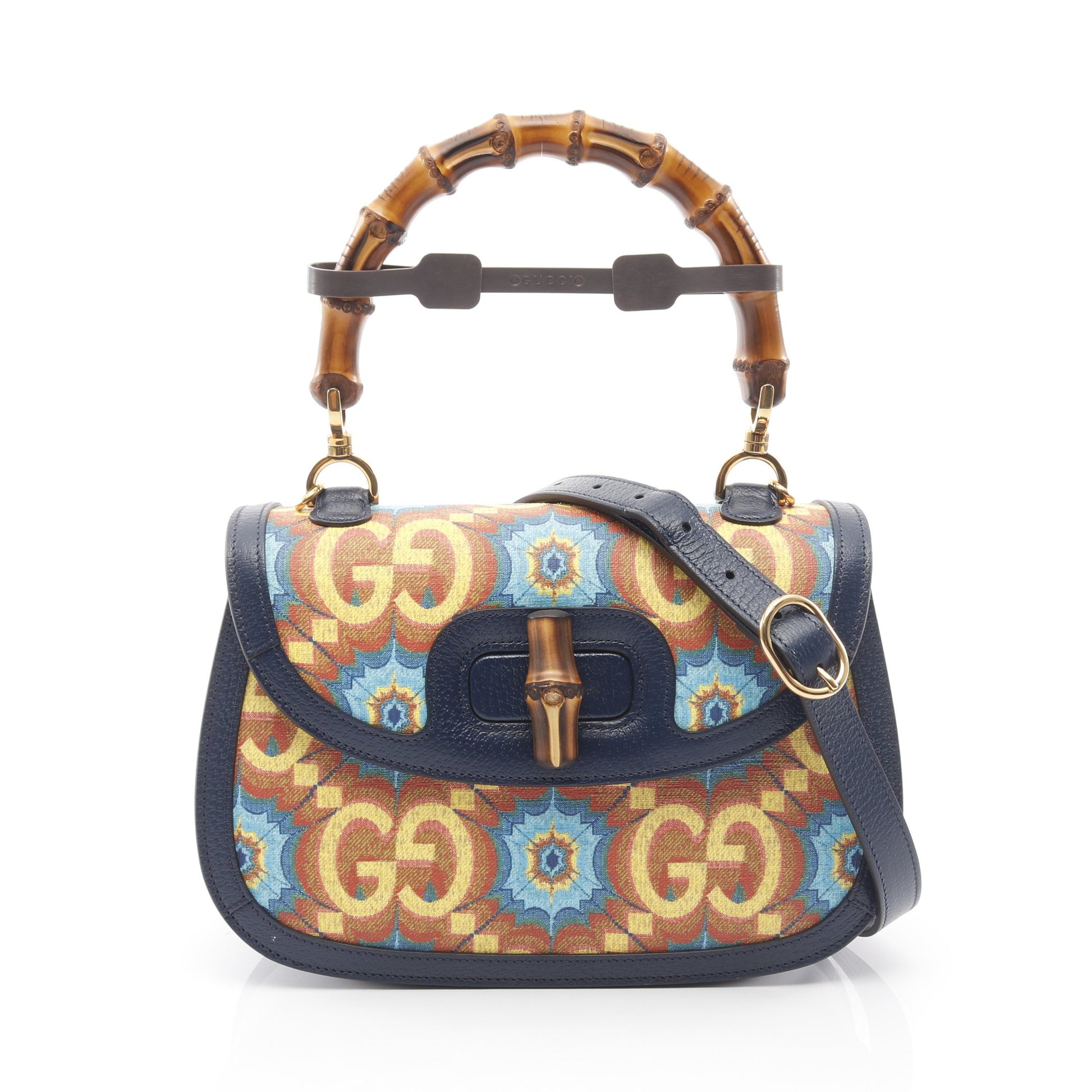 バンブー 1947 GGロゴ ハンドバッグ PVC レザー オレンジ ネイビー マルチカラー 2WAY 100周年記念 グッチ バッグ GUCCI