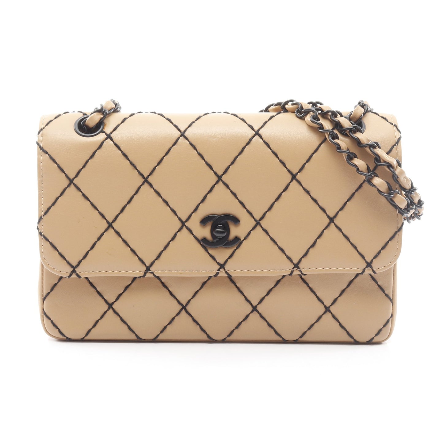 ワイルドステッチ Wチェーンショルダーバッグ レザー ベージュ ブラック金具 シャネル バッグ CHANEL