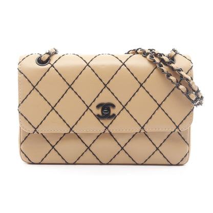 ワイルドステッチ Wチェーンショルダーバッグ レザー ベージュ ブラック金具 シャネル バッグ CHANEL