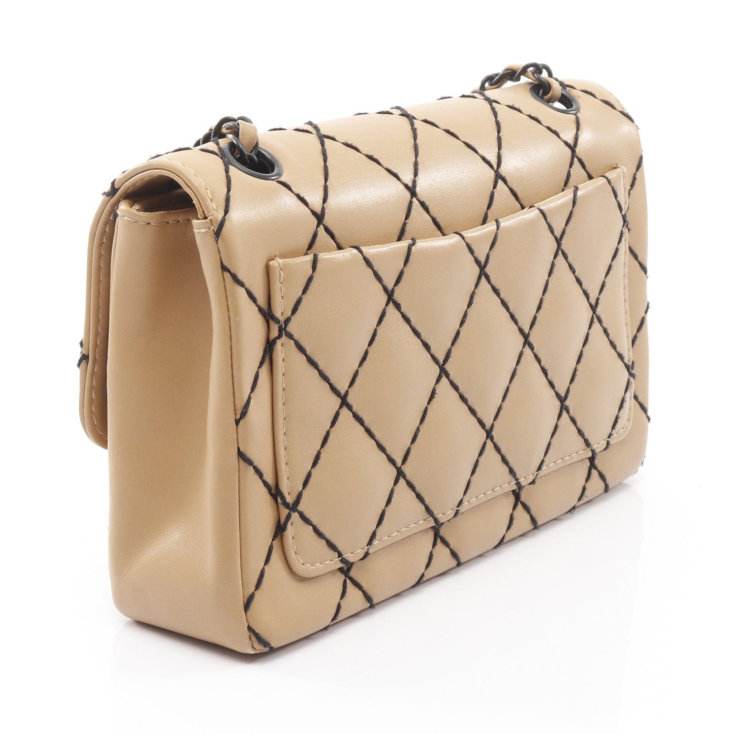 ワイルドステッチ Wチェーンショルダーバッグ レザー ベージュ ブラック金具 シャネル バッグ CHANEL