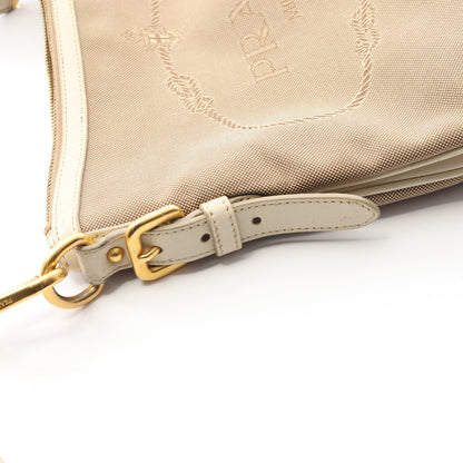 LOGO JACQUARD ロゴジャガード ショルダーバッグ キャンバス レザー ライトブラウン アイボリー プラダ バッグ PRADA