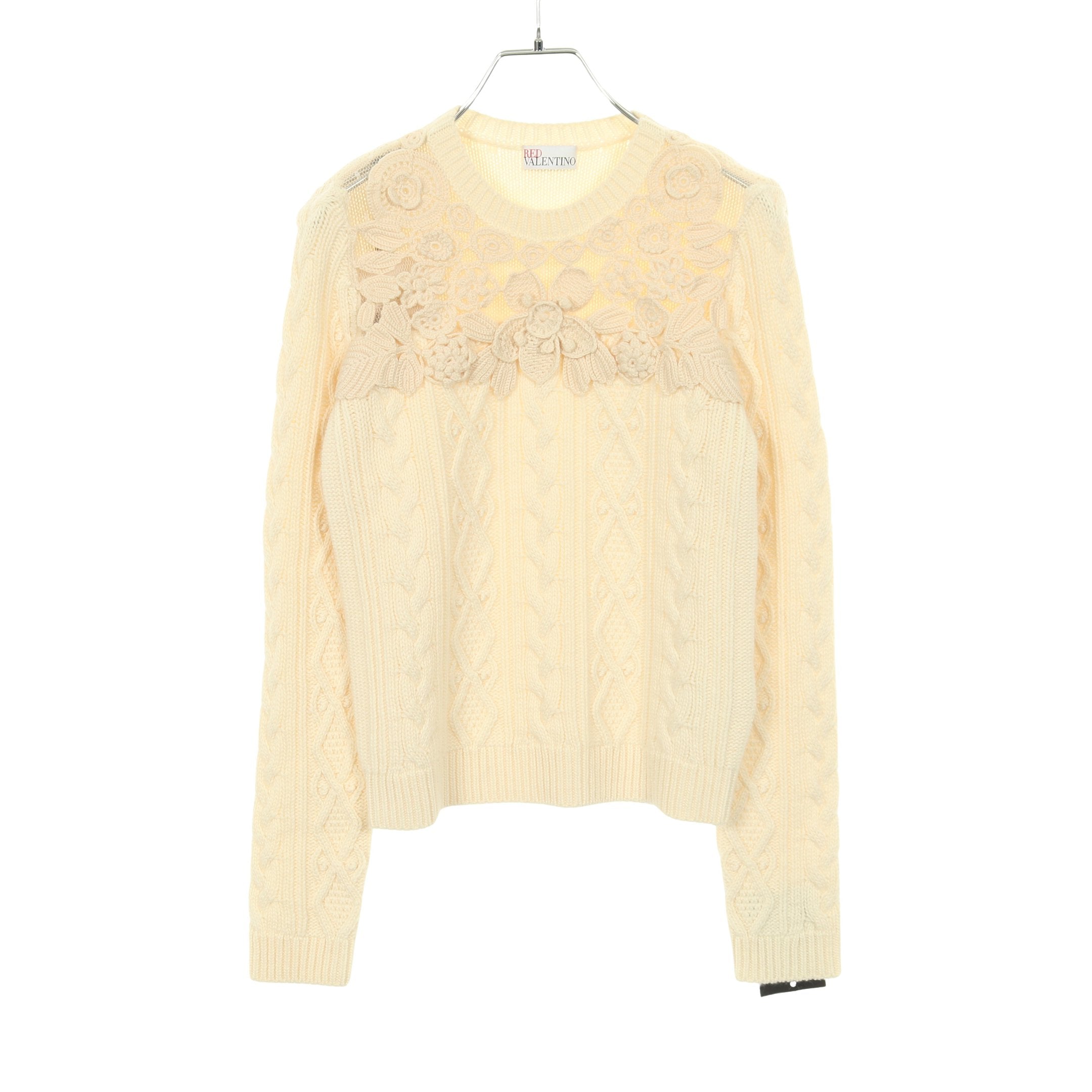 レース切替 ケーブルセーター ニット ウール レーヨン ナイロン