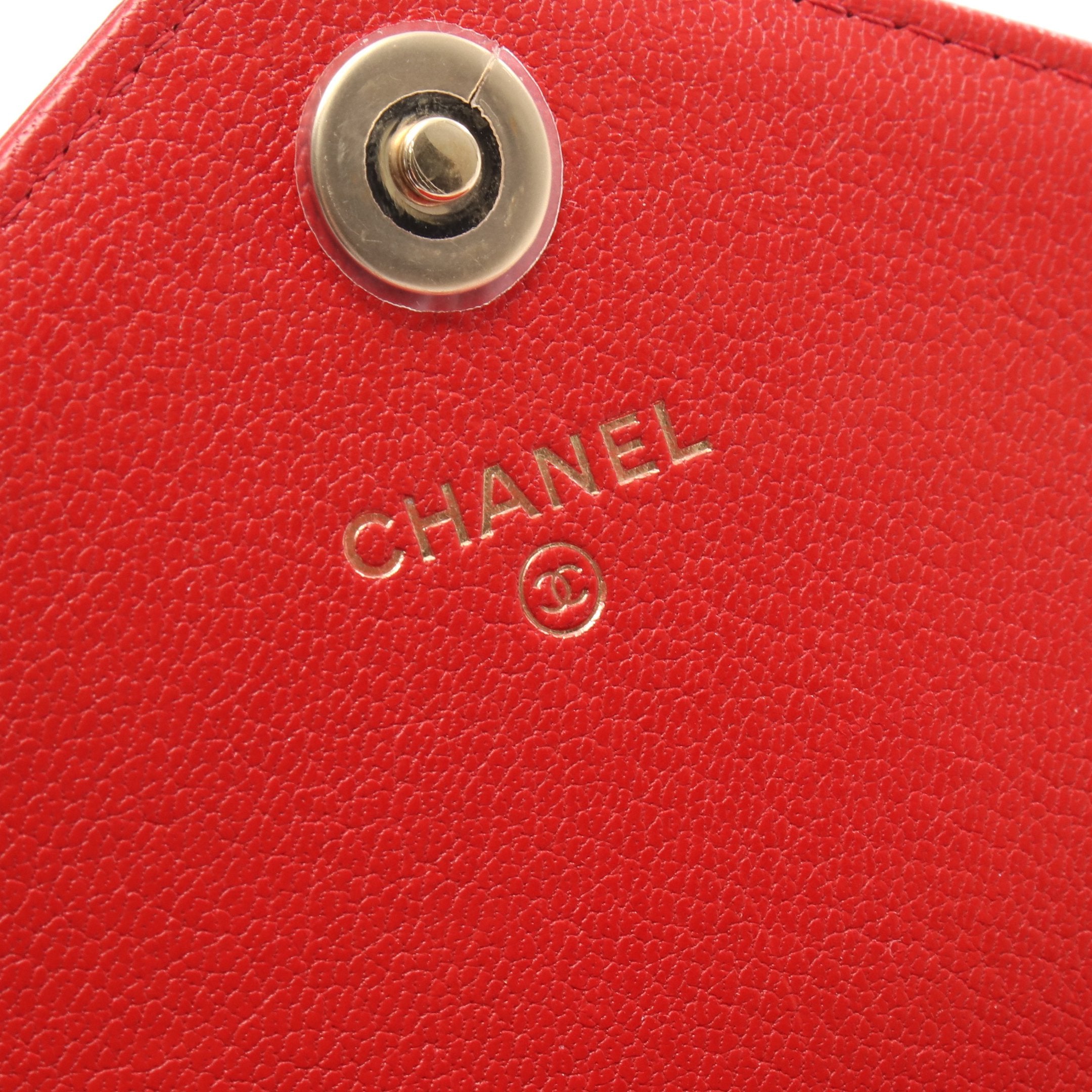 シェブロン Vステッチ チェーンウォレット レザー レッド ゴールド金具