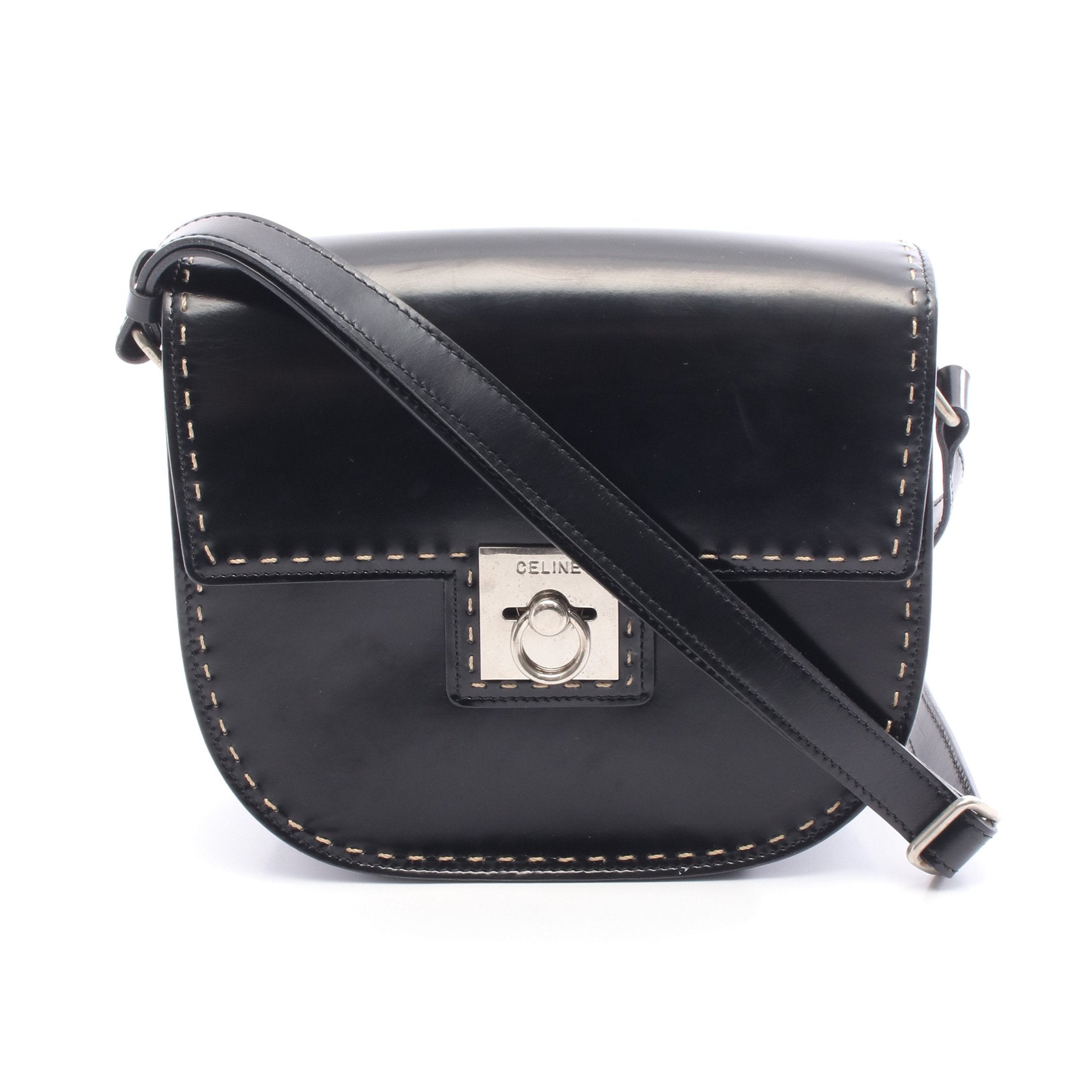 ショルダーバッグ レザー ブラック ステッチ ヴィンテージ セリーヌ
