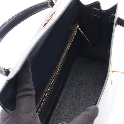 ケリー28 ブルーインディゴ ハンドバッグ ボックスカーフ ネイビー ゴールド金具 外縫い 2WAY ○W刻印 エルメス バッグ HERMES