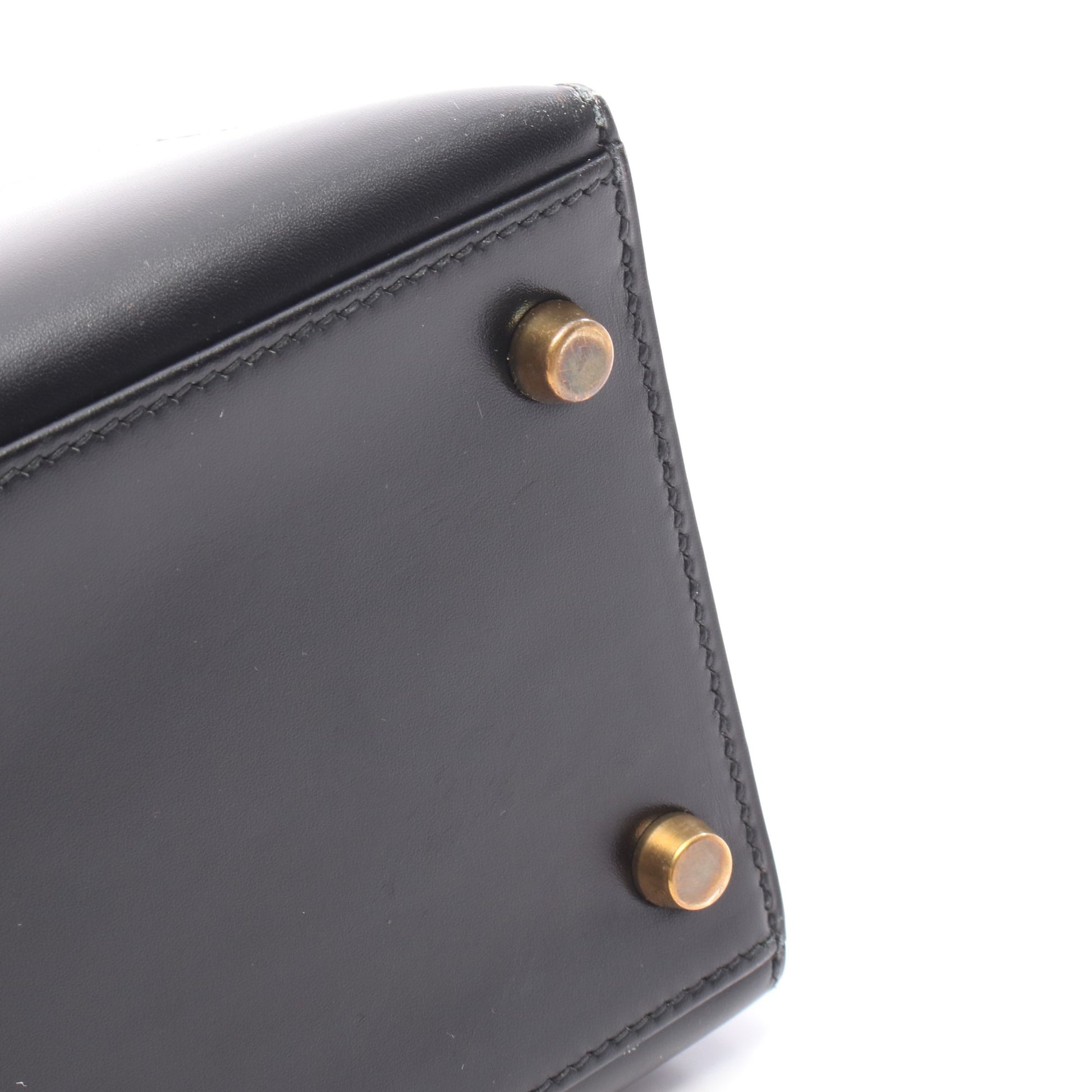 ケリー28 ハンドバッグ ボックスカーフ ブラック ゴールド金具 外縫い 2WAY ○U刻印 エルメス バッグ HERMES