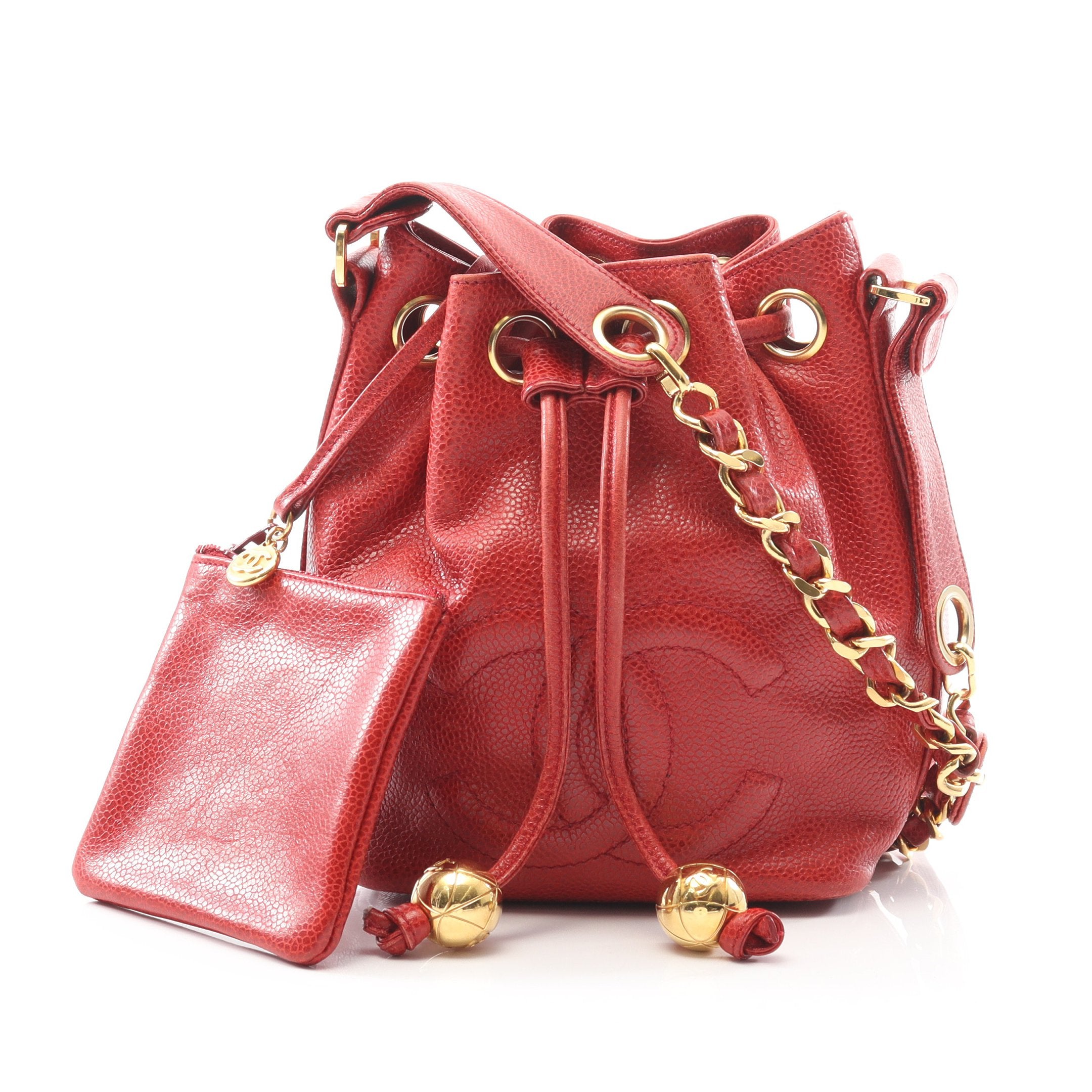 ココマーク 巾着 チェーンショルダーバッグ キャビアスキン レッド