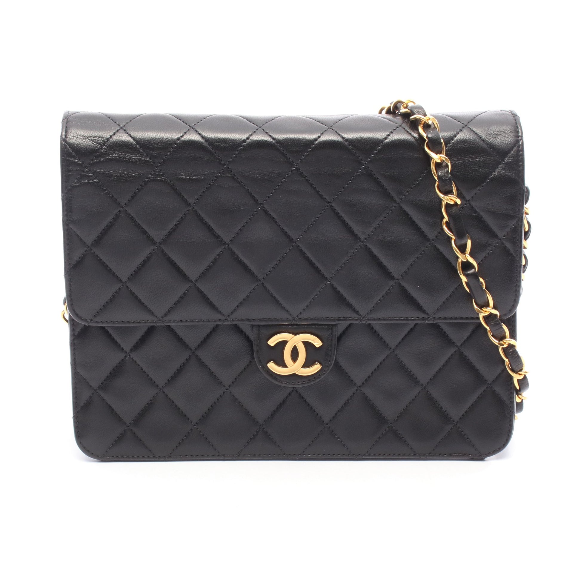 マトラッセ シングルフラップ チェーンショルダーバッグ ラムスキン ブラック ゴールド金具 シャネル バッグ CHANEL