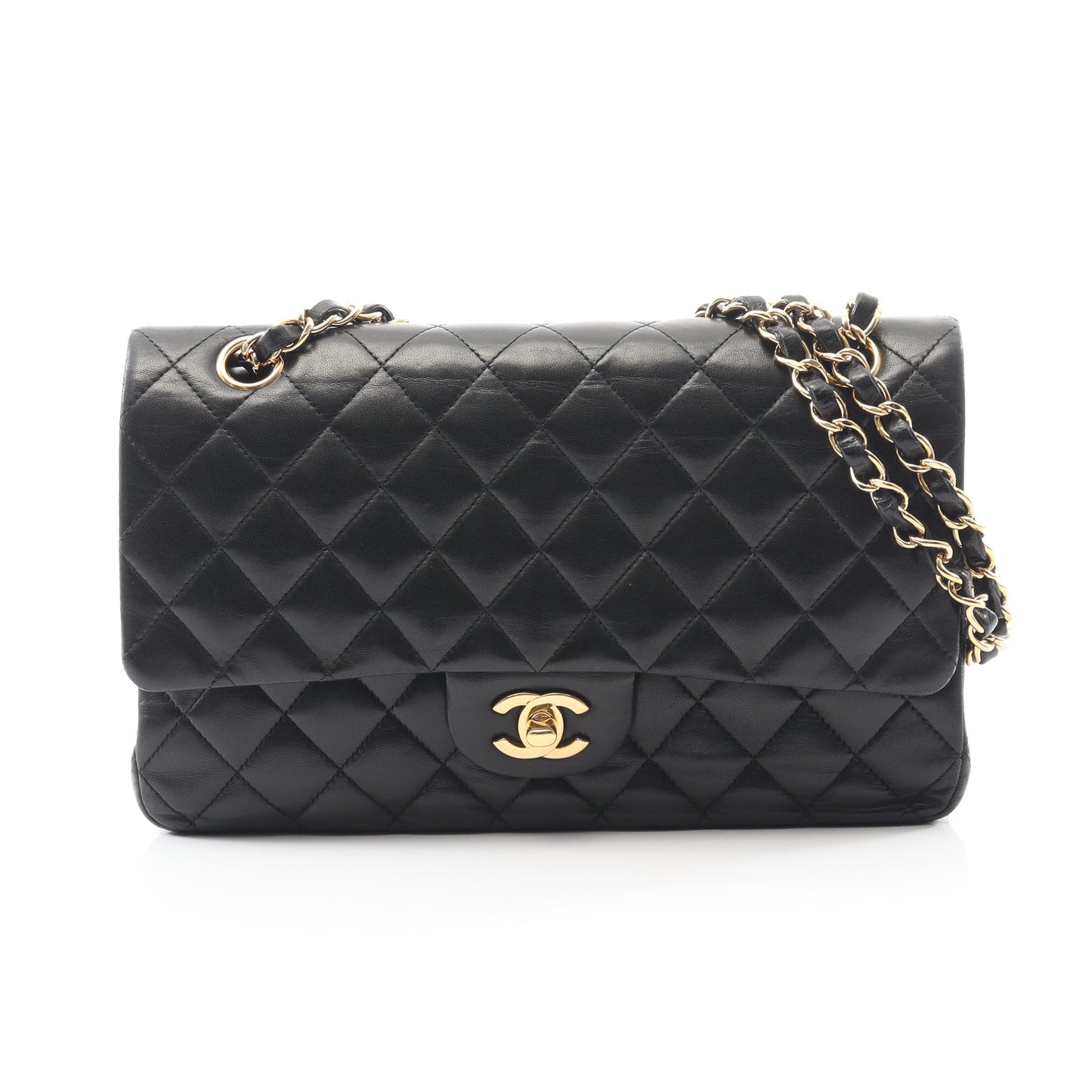 マトラッセ Wフラップ Wチェーンショルダーバッグ ラムスキン ブラック ゴールド金具 シャネル バッグ CHANEL