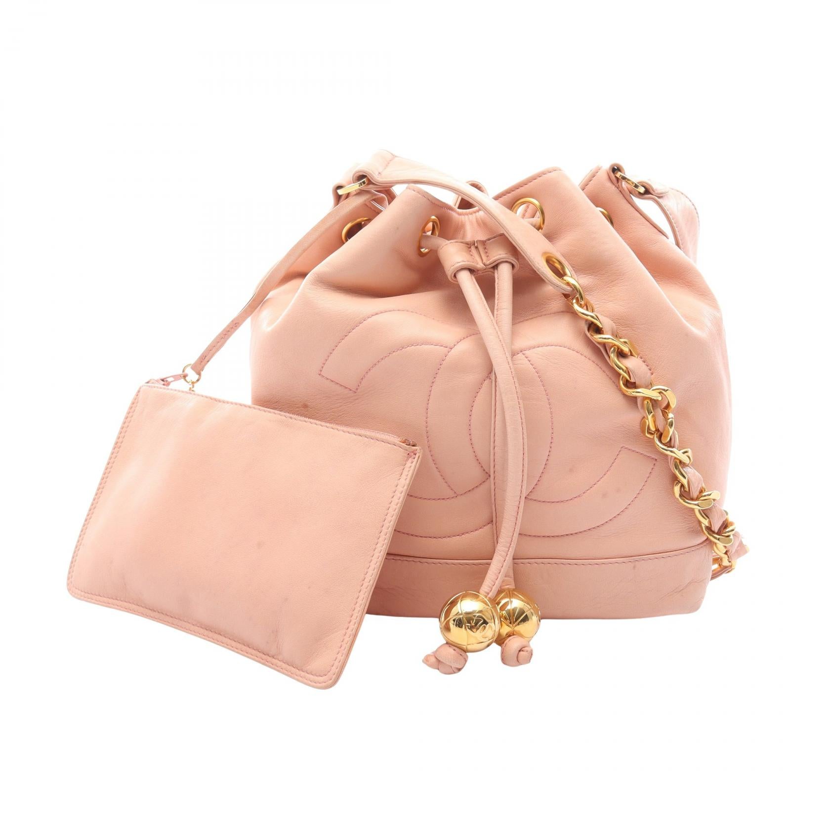 ココマーク 巾着 チェーンショルダーバッグ レザー ピンク ゴールド