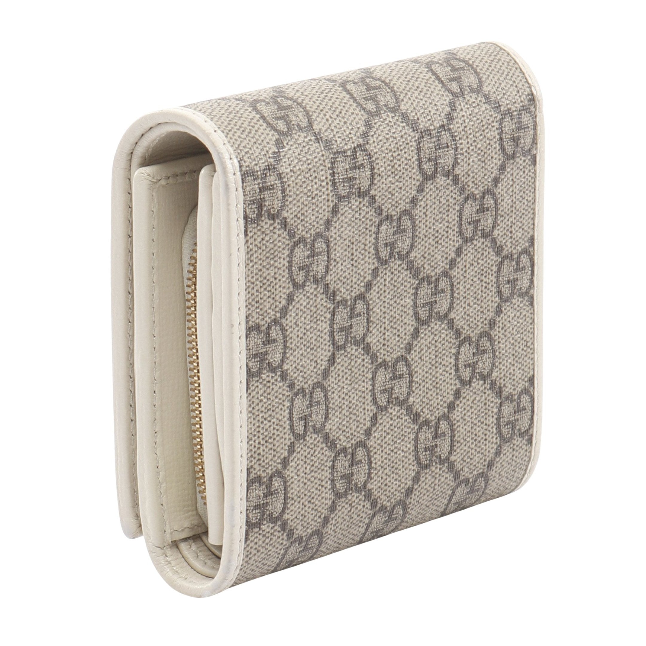 【美品】グッチ 二つ折り財布 ホワイト ホースビット スプリーム GG柄 ホースビット GGスプリーム 二つ折り財布 PVC レザー ベージュ