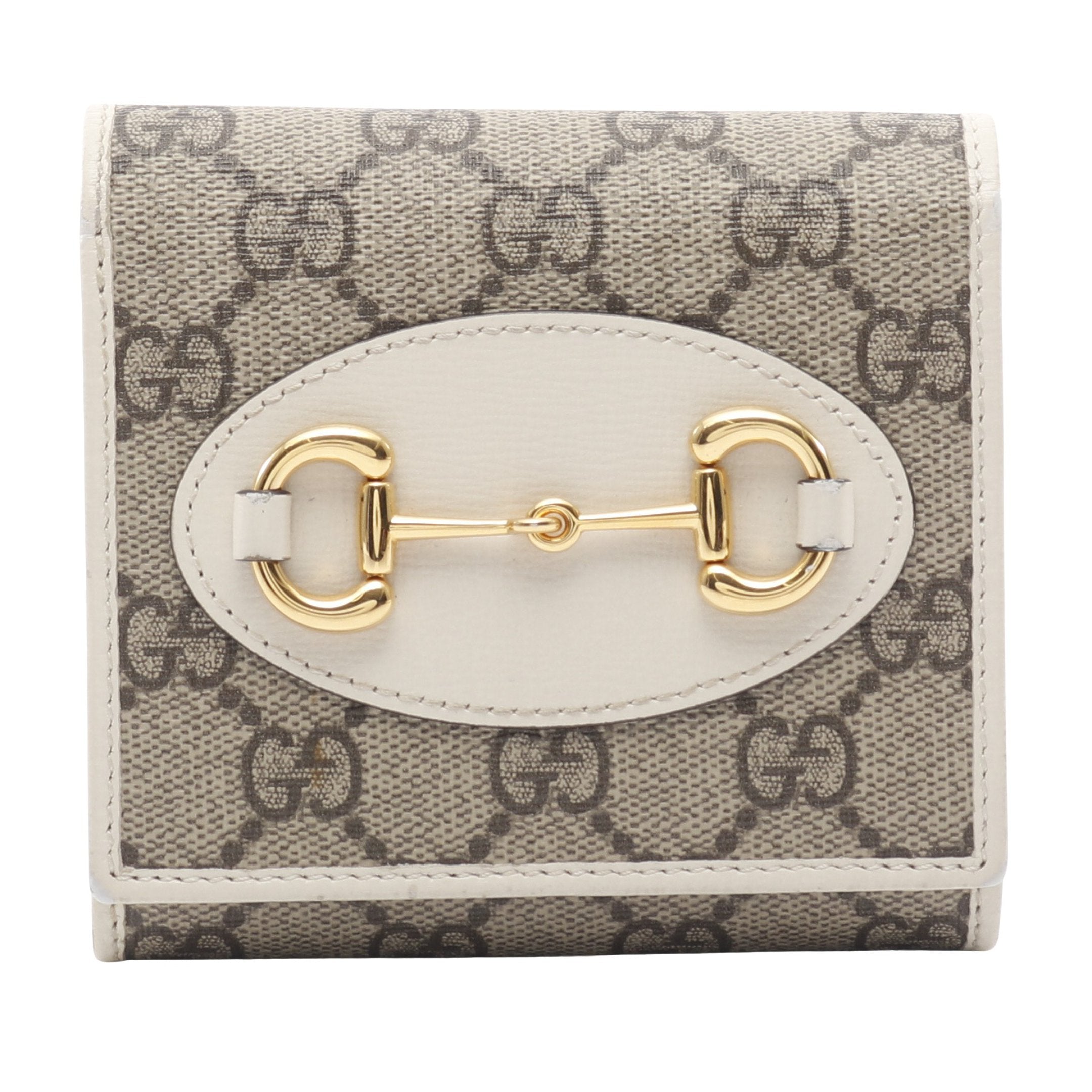 【美品】グッチ 二つ折り財布 ホワイト ホースビット スプリーム GG柄 ホースビット GGスプリーム 二つ折り財布 PVC レザー ベージュ