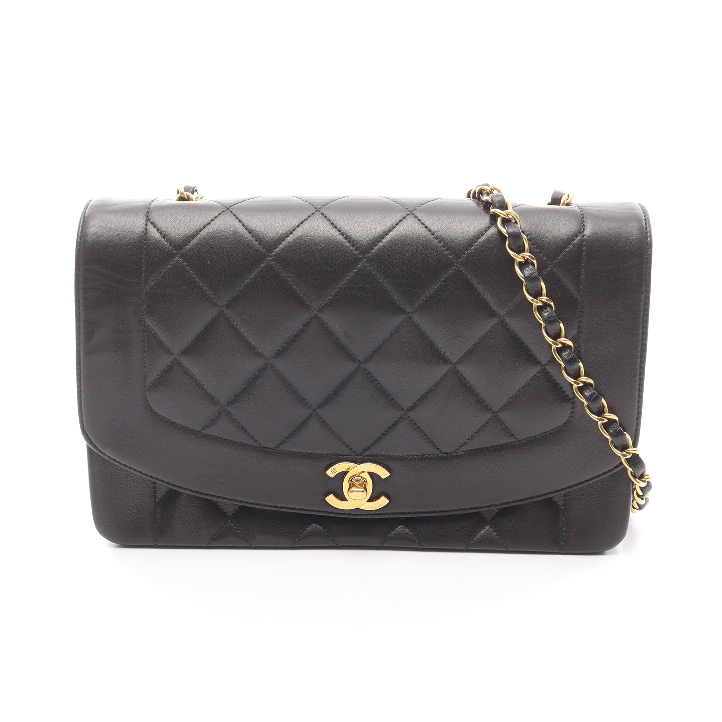 マトラッセ ダイアナフラップ チェーンショルダーバッグ ラムスキン ブラック ゴールド金具 シャネル バッグ CHANEL