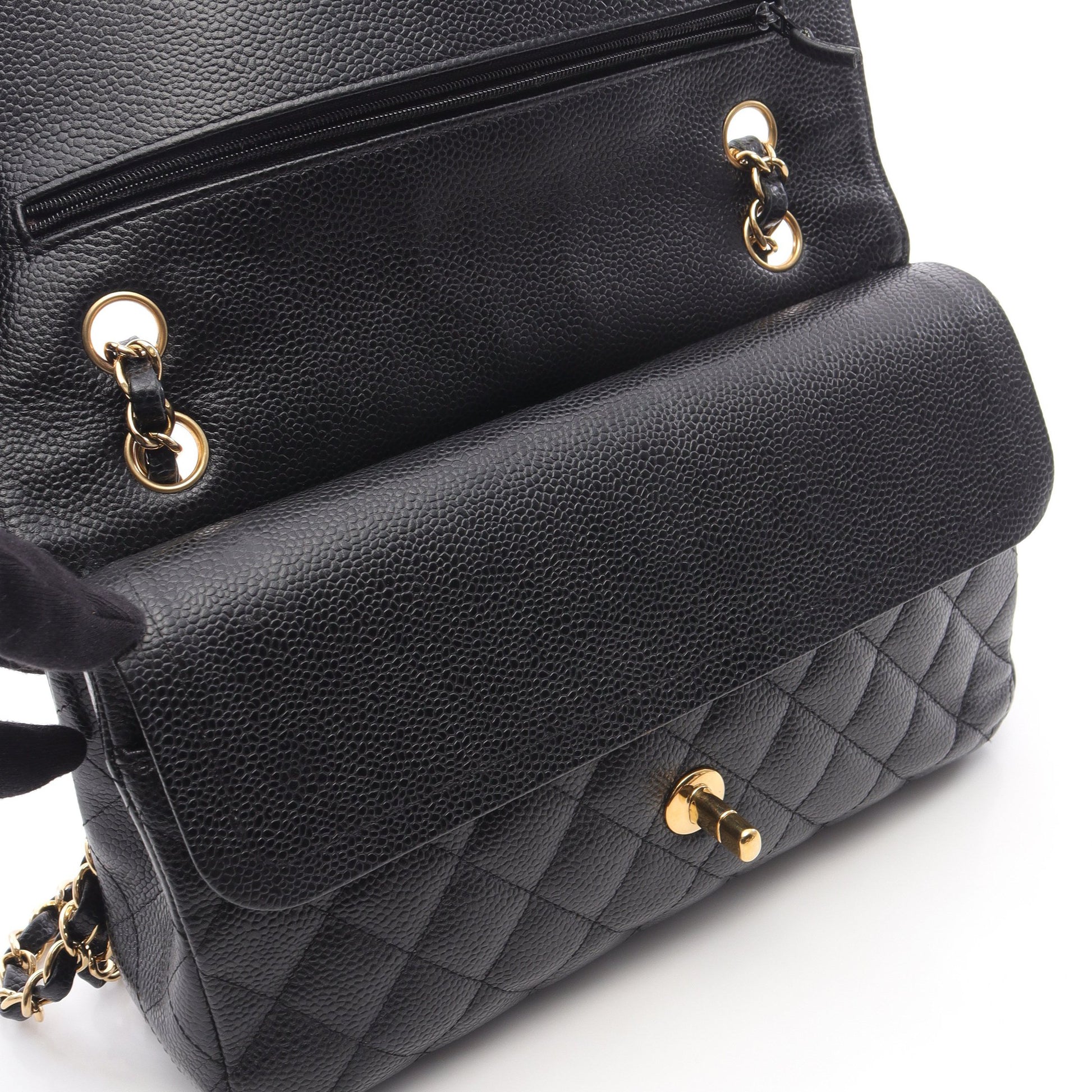 マトラッセ Wフラップ Wチェーンショルダーバッグ キャビアスキン ブラック ゴールド金具 シャネル バッグ CHANEL