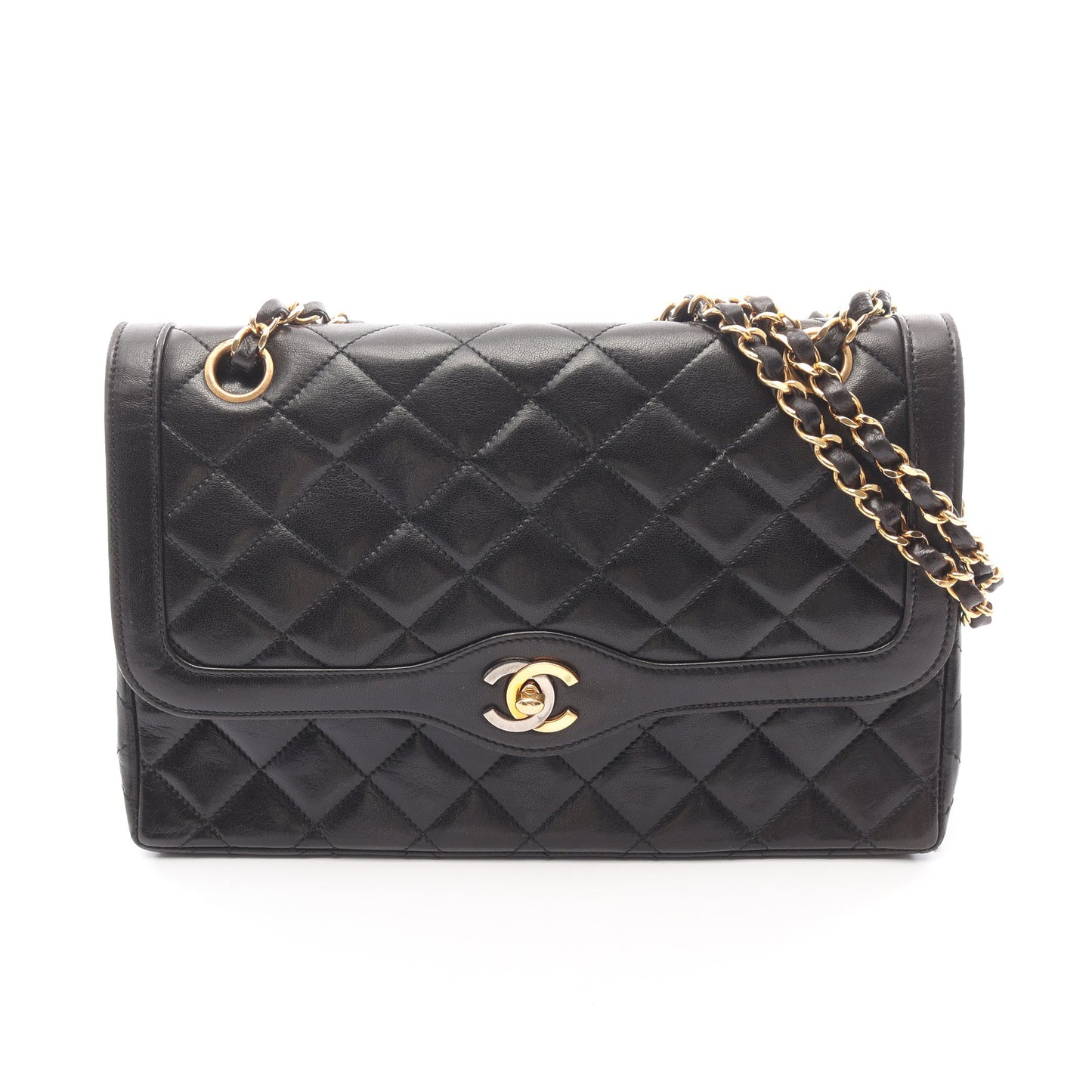 マトラッセ パリ限定 Wフラップ チェーンショルダーバッグ ラムスキン ブラック コンビ金具 シャネル バッグ CHANEL