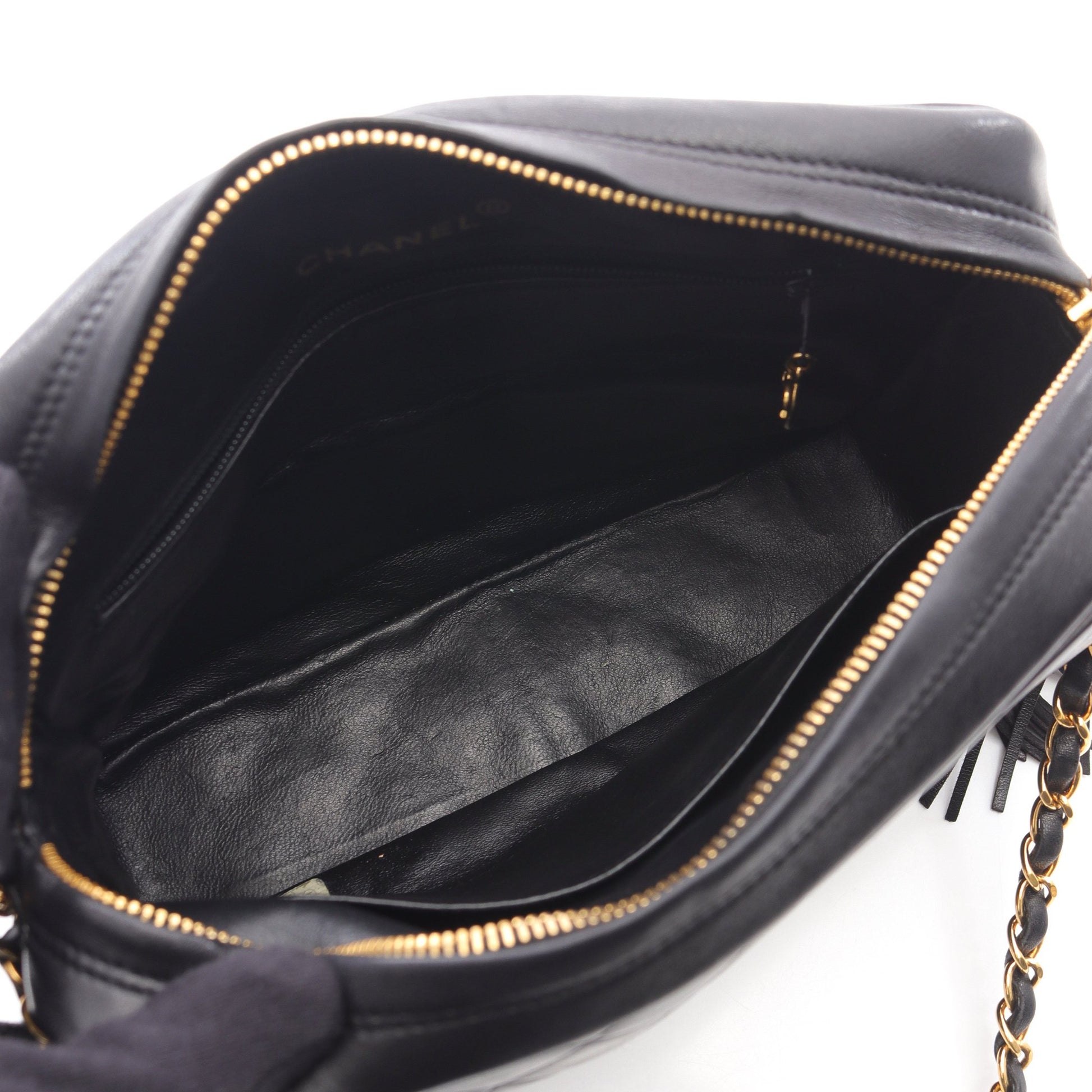 マトラッセ チェーンショルダーバッグ ラムスキン ブラック ゴールド金具 フリンジ ヴィンテージ シャネル バッグ CHANEL