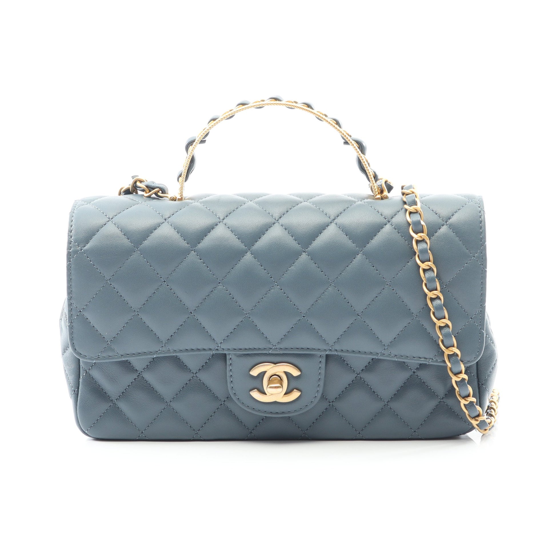 マトラッセ トップハンドル チェーンショルダーバッグ ラムスキン ブルーグリーン ゴールド金具 2WAY シャネル バッグ CHANEL