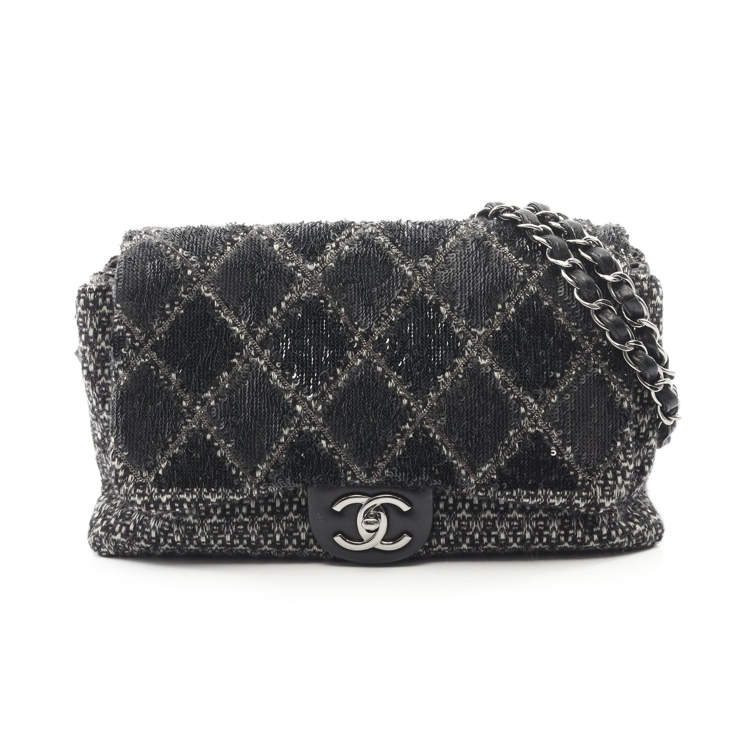 マトラッセ チェーンショルダーバッグ ウール ブラック シルバー金具 スパンコール シャネル バッグ CHANEL