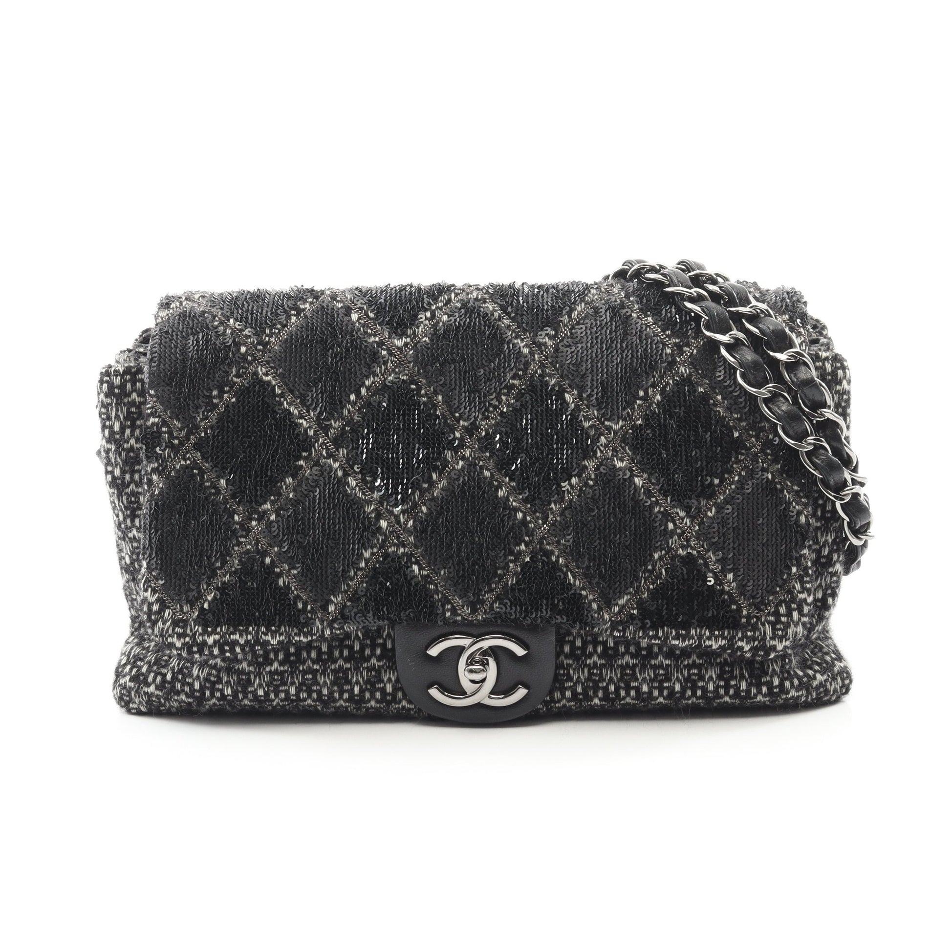 マトラッセ チェーンショルダーバッグ ウール ブラック シルバー金具 スパンコール シャネル バッグ CHANEL