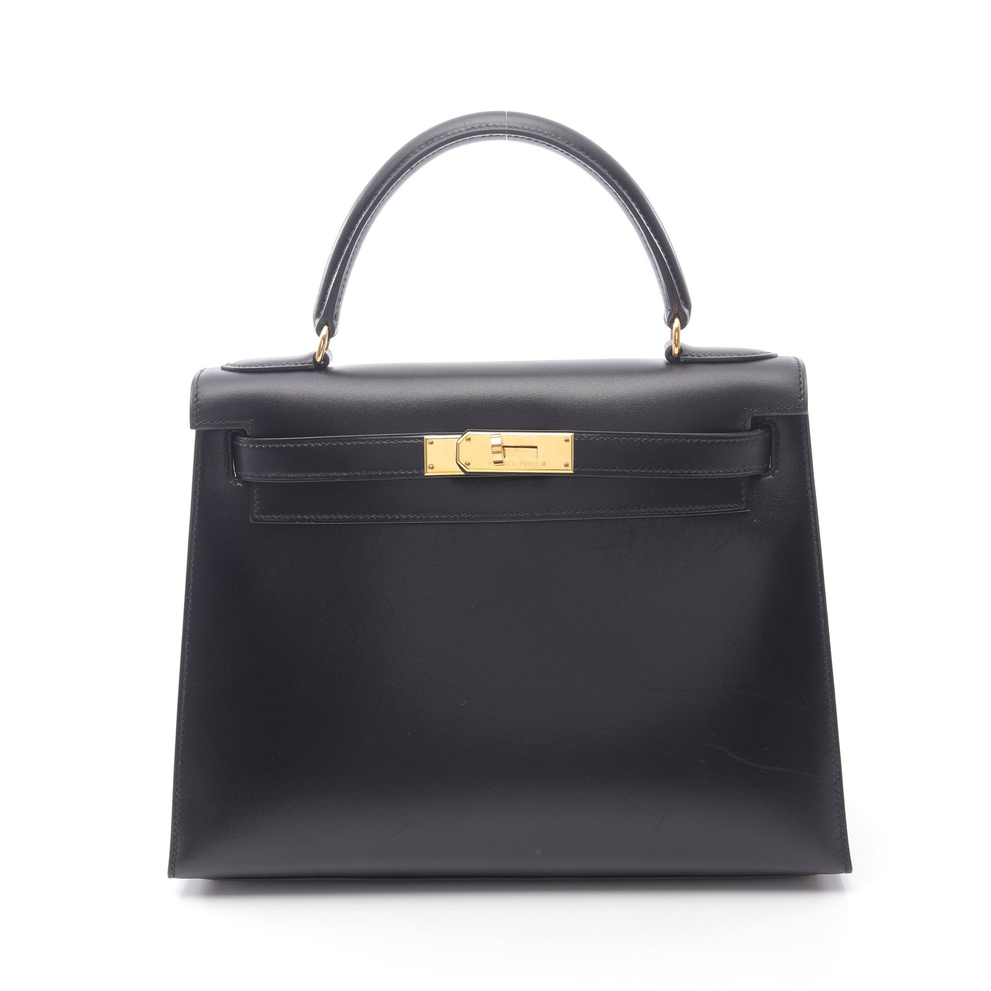 ケリー28 ハンドバッグ ボックスカーフ ブラック ゴールド金具 外縫い 2WAY ○A刻印 エルメス バッグ HERMES