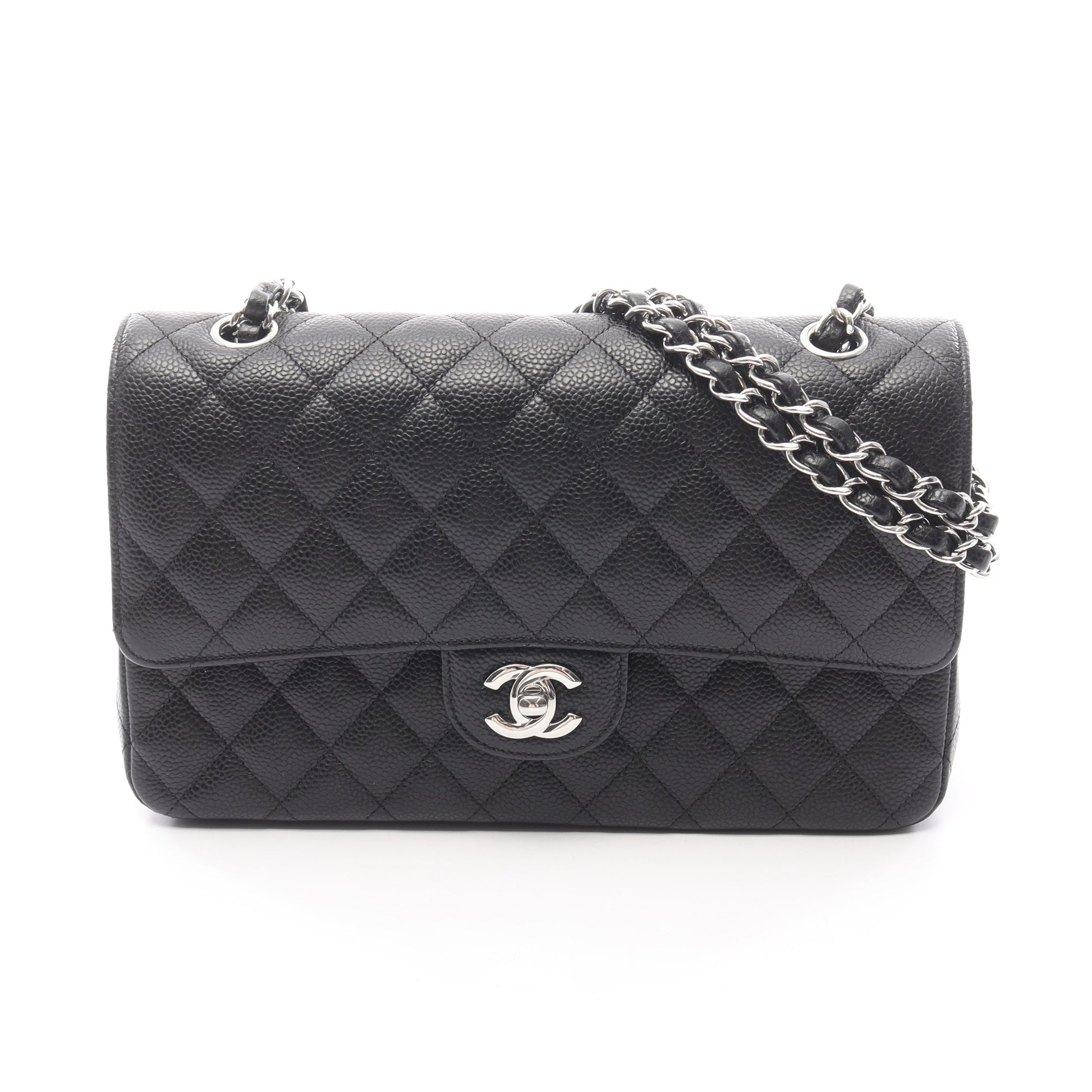 マトラッセ Wフラップ Wチェーンショルダーバッグ キャビアスキン ブラック シルバー金具 シャネル バッグ CHANEL