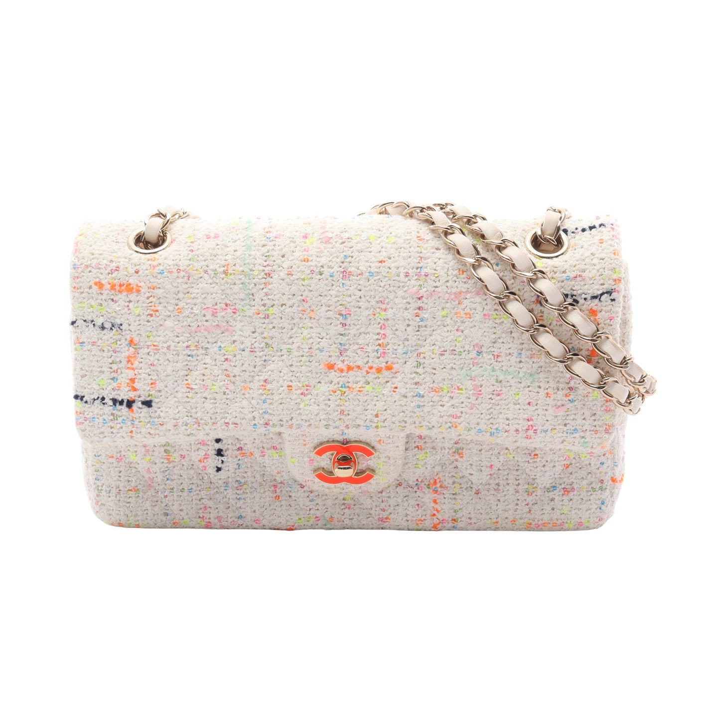 マトラッセ Wフラップ Wチェーンショルダーバッグ ツイード ホワイト マルチカラー ゴールド金具 シャネル バッグ CHANEL
