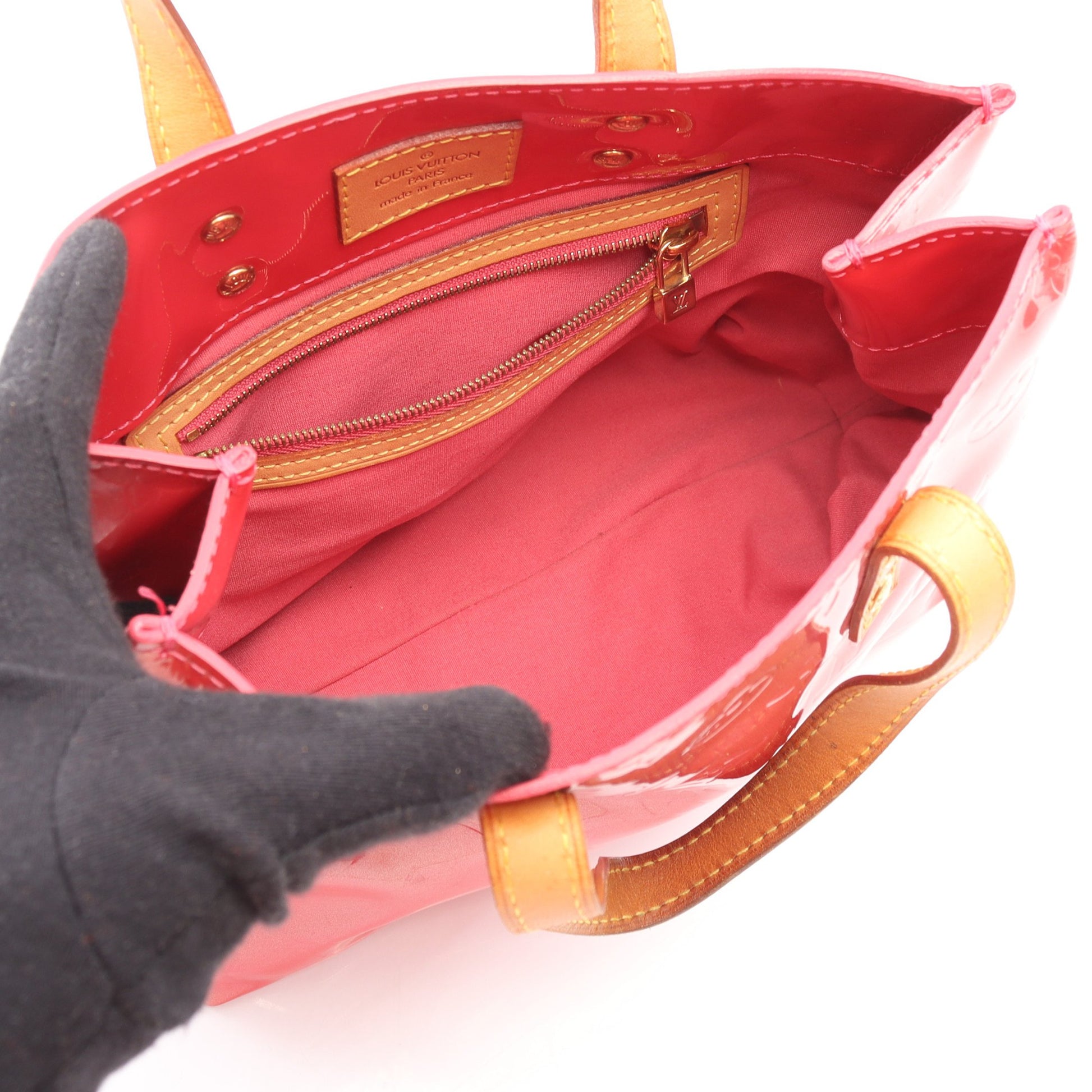 リードPM モノグラムヴェルニ フランボワーズ ハンドバッグ レザー  