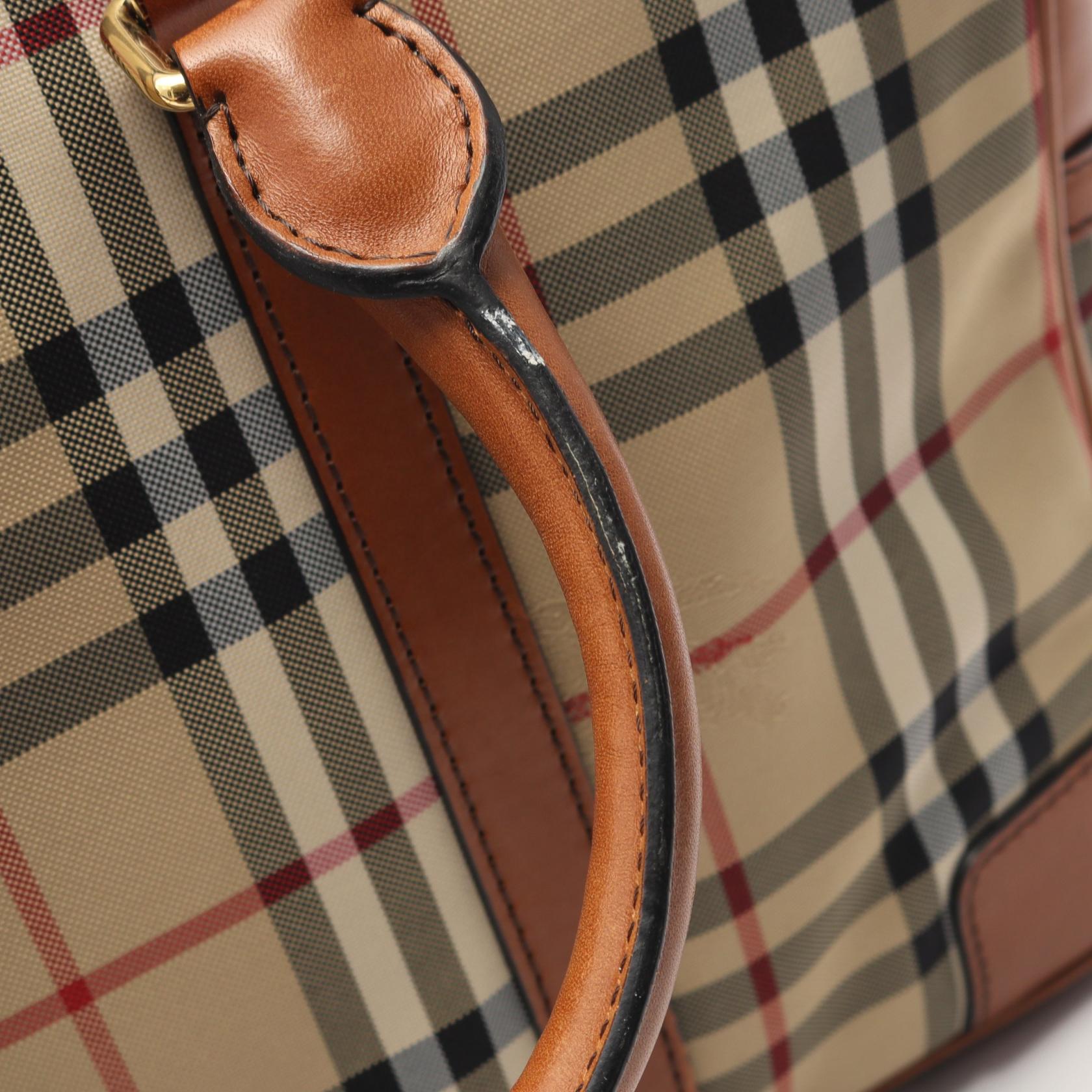 ノバチェック ハンドバッグ キャンバス レザー ベージュ ブラウン 2WAY