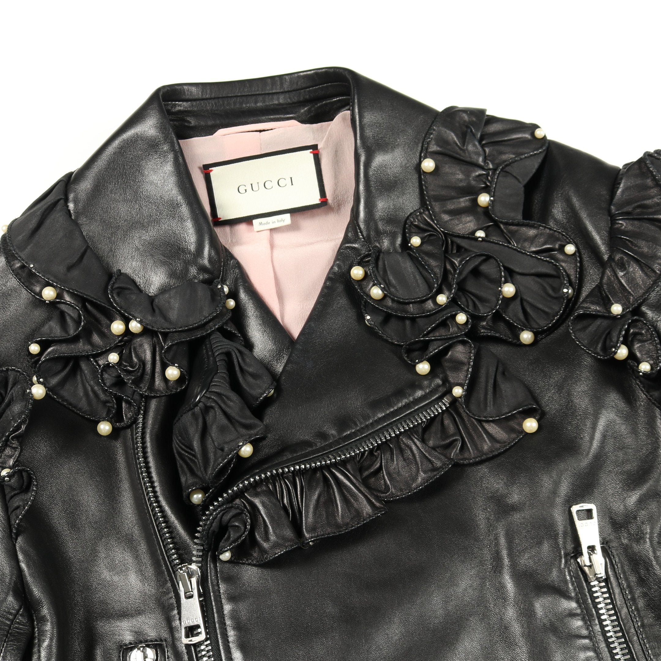 パール フリル ライダースジャケット ラムレザー ブラック グッチ – RECLO