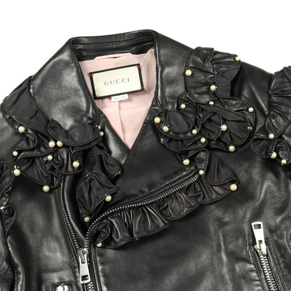 パール フリル ライダースジャケット ラムレザー ブラック グッチ アウター GUCCI