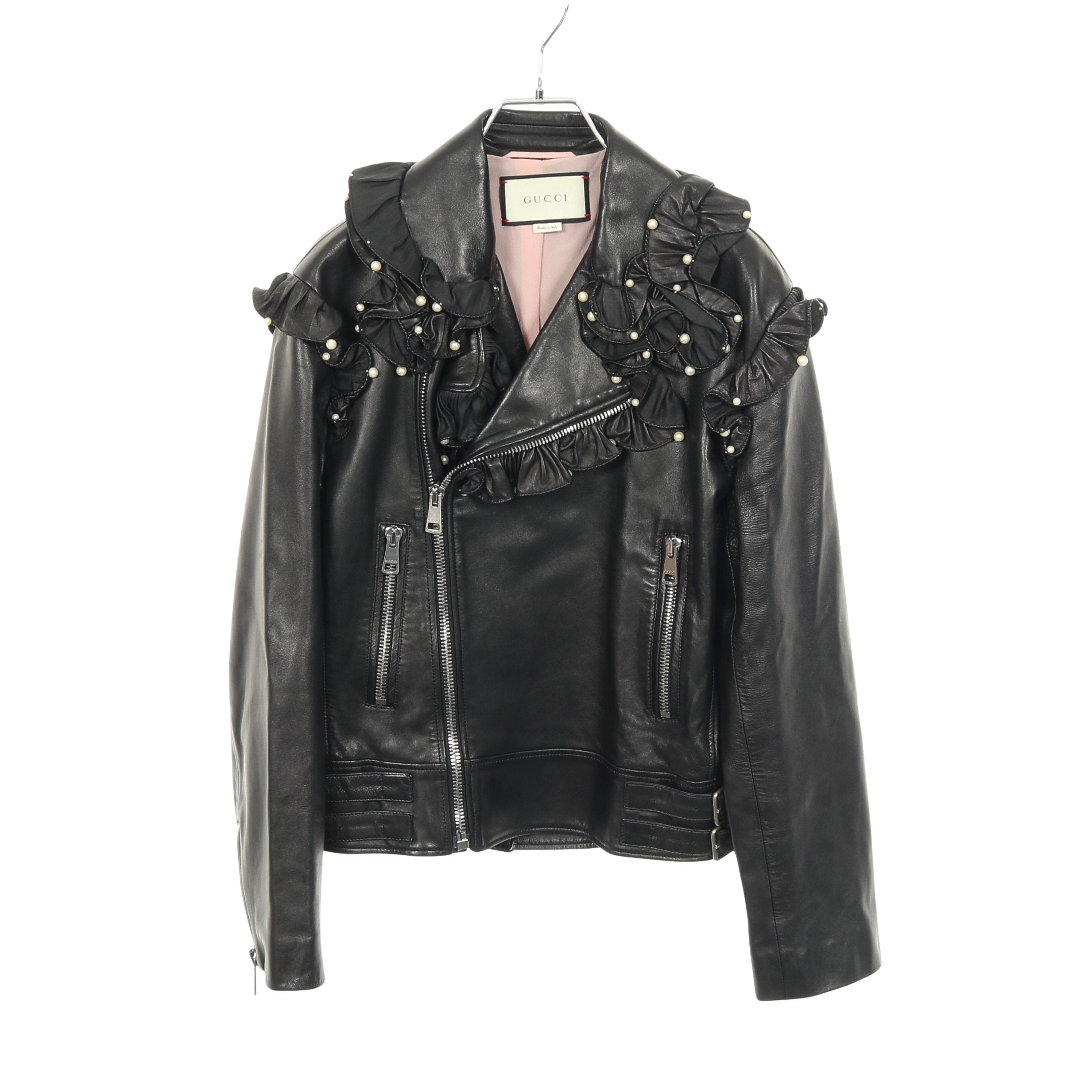 パール フリル ライダースジャケット ラムレザー ブラック グッチ – RECLO
