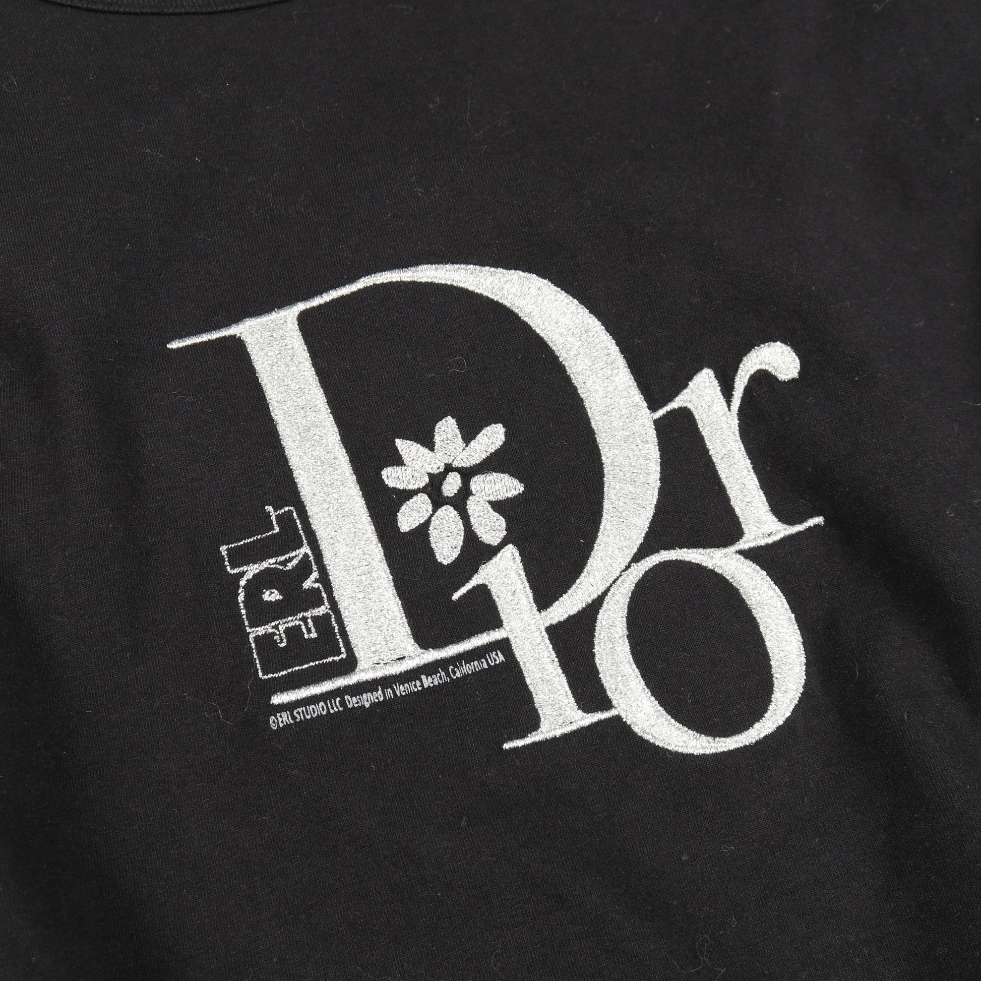 DIOR × ERL 半袖Tシャツ クルーネック ラグランスリーブ ロゴ刺繍 コットン ブラック ラメ ダメージ加工 ディオール トップス DIOR