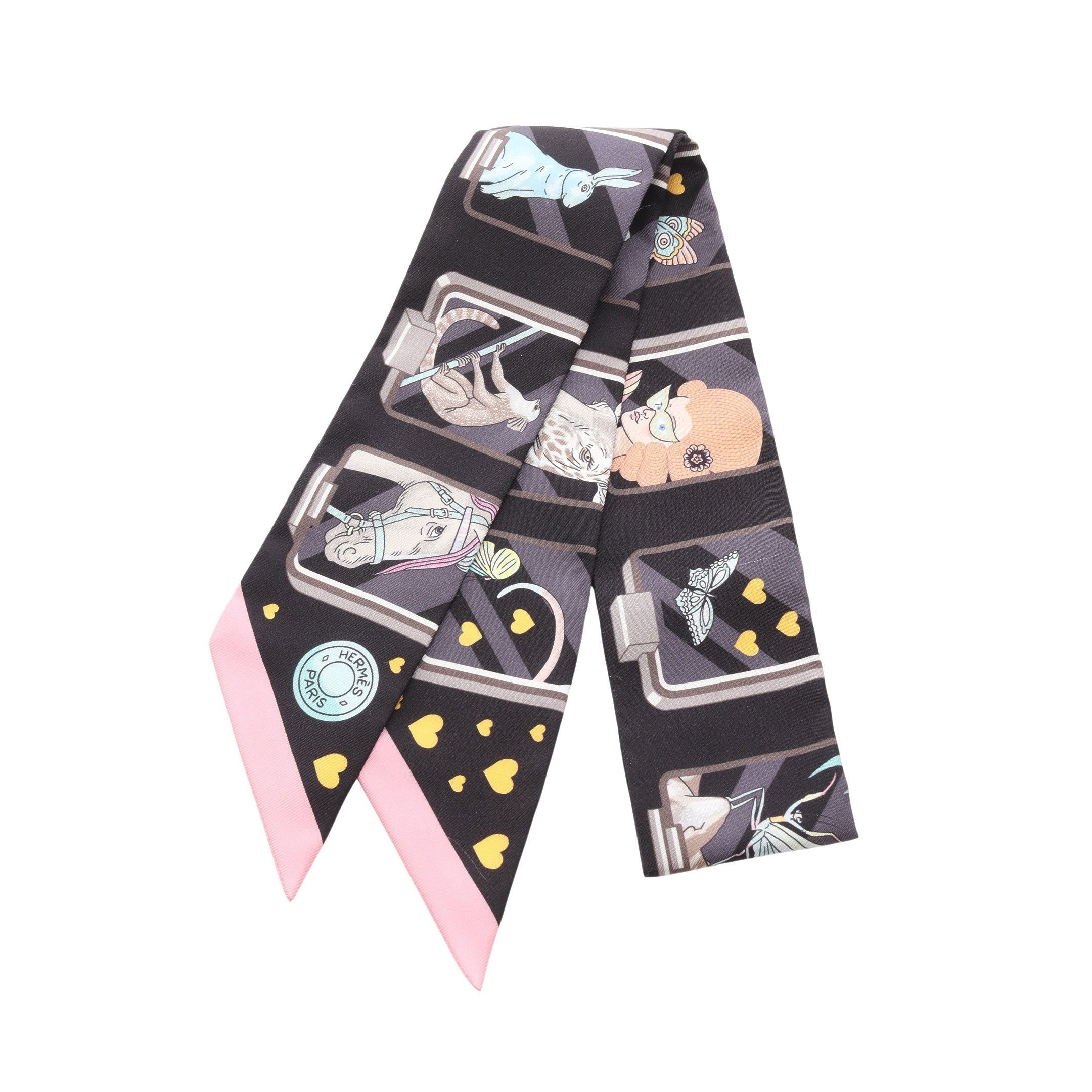 ツイリー HERMES STORY リボン スカーフ シルク ブラック マルチカラー